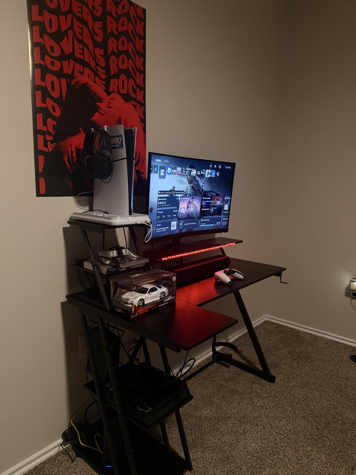 Korfile 40 Inch Gaming Desk with LED Lights & Power Outlet, L Shaped Computer Gaming Table with Storage Shelves, Reversible Corner Desk with Monitor Stand for Home Office, Carbon Fiber Black customer photo 2