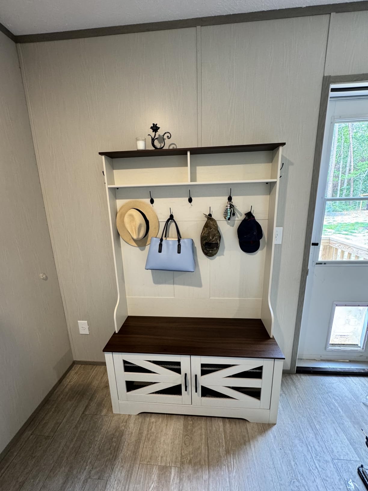 Itaar Hall Tree with Bench and Shoe Storage, 5-in-1 Entryway Bench with Coat Rack, 16 Shoe Cubbies & 12 Coat Hooks, Barn Door & Adjustable Shelf (Embossed White) customer photo 2