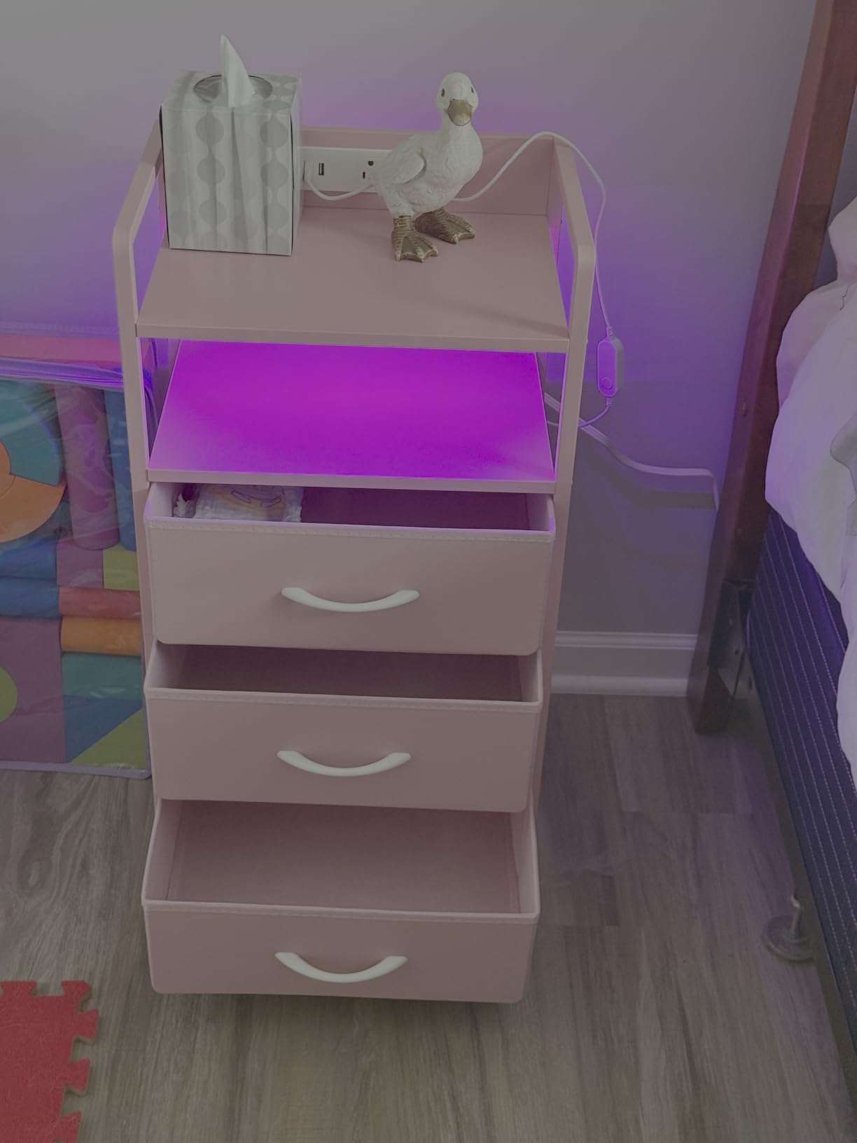 Lazzanto Night Stand Bedside Charger Bedroom - Nightstand with Charging Station & LED Light Strip, Night Stand with Storage Shelf & 2 Fabric Drawers, Morden End Table with U-S-B Ports & AC Outlets customer photo 1