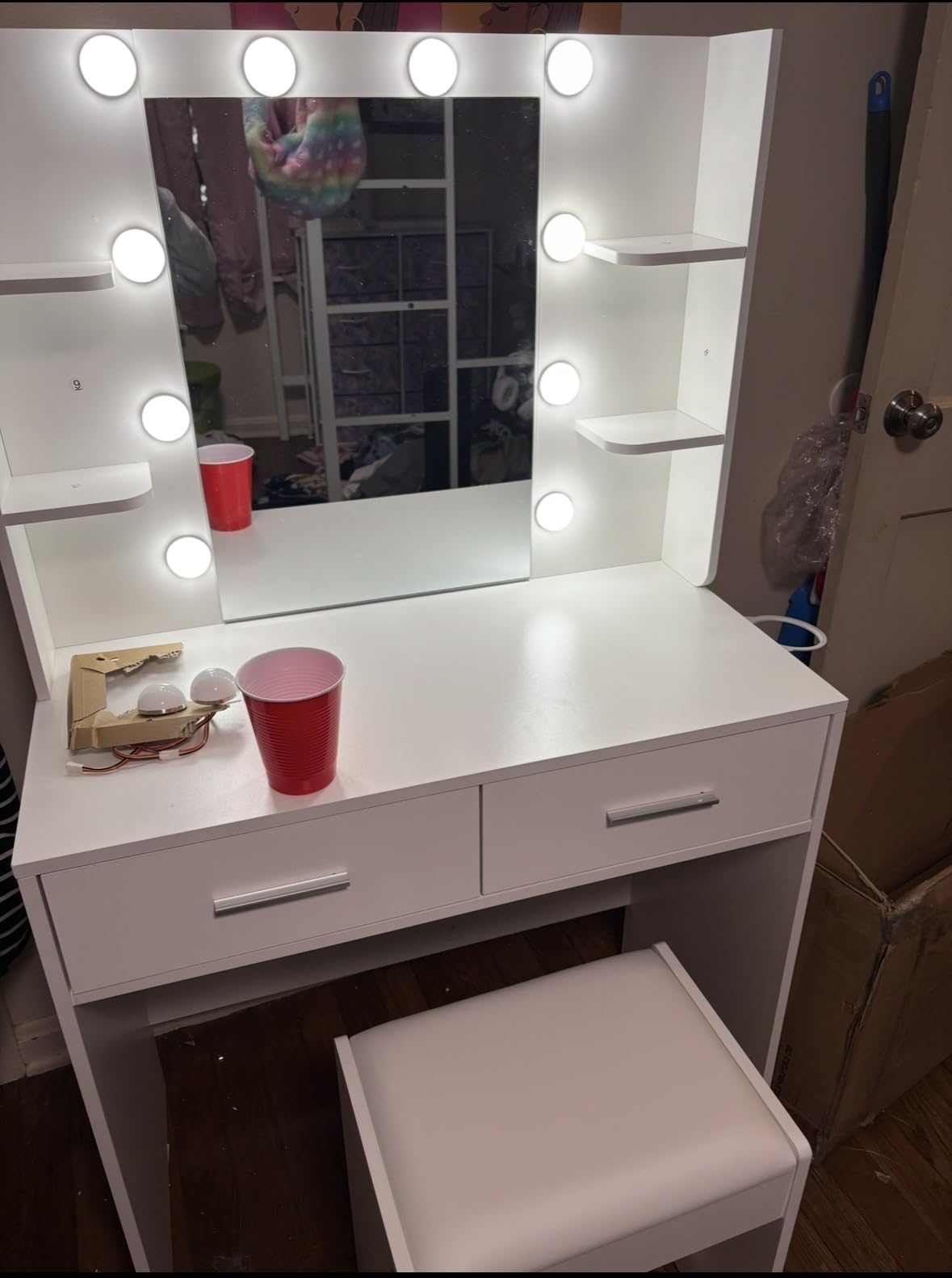 Furmax Make up Vanity Desk with Mirror and Power Outlet, Vanity with 3 Color Light Options Adjustable Brightness, Vanity Desk with 2 Drawers, 6 Storage Shelves (White, with Bench) customer photo 2