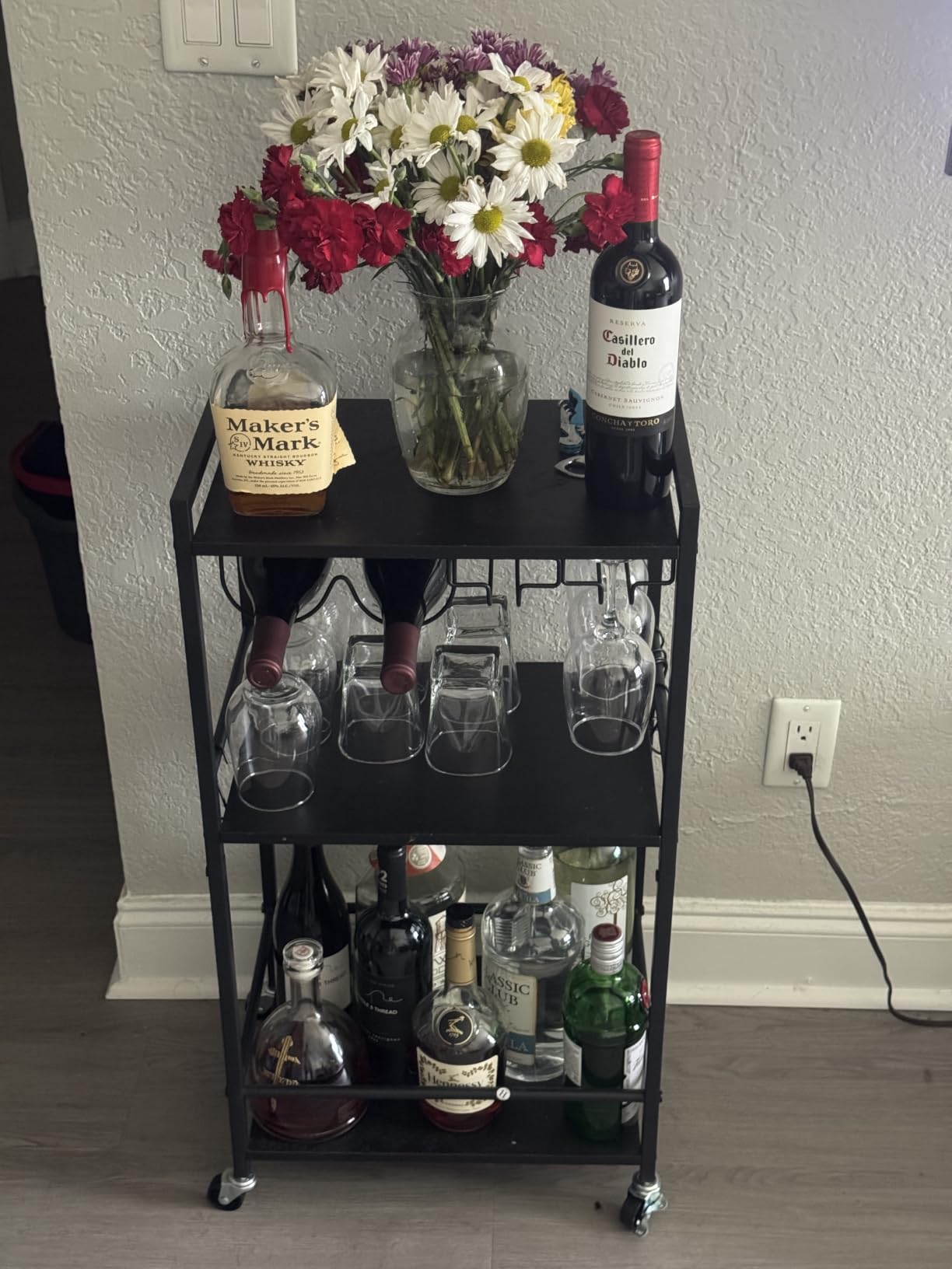 TUTOTAK Bar Cart, Home Bar Serving Cart, Small Wine Cart with 3-Tier Shelf, Beverage cart, Drink Cart with Wine Rack and Glass Holder, Rolling bar carts for Home, Living Room, Marble White BC01BM035 customer photo 2