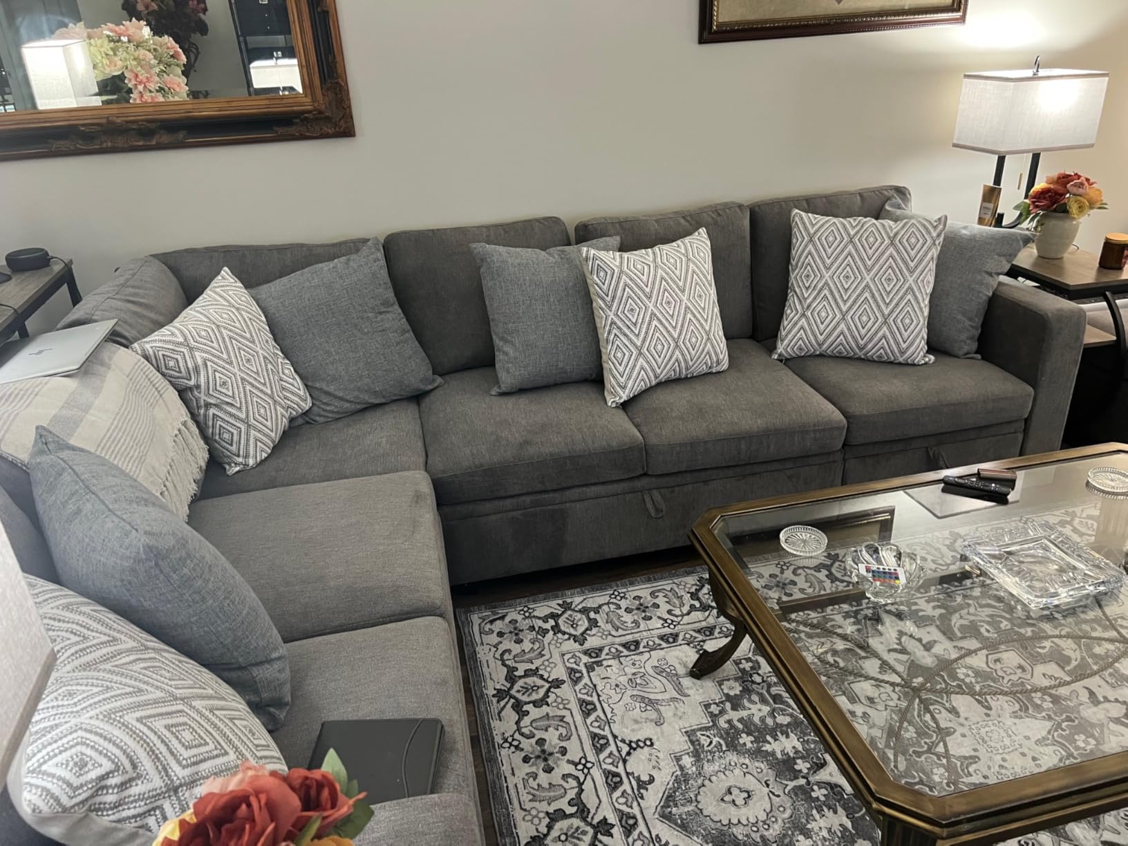 HONBAY Modular Sectional Sleeper Sofa with Pull Out Bed, Corduroy L Shaped Couch with Storage Seats, Convertible Sectional Couches for Living Room, Dark Grey customer photo 1