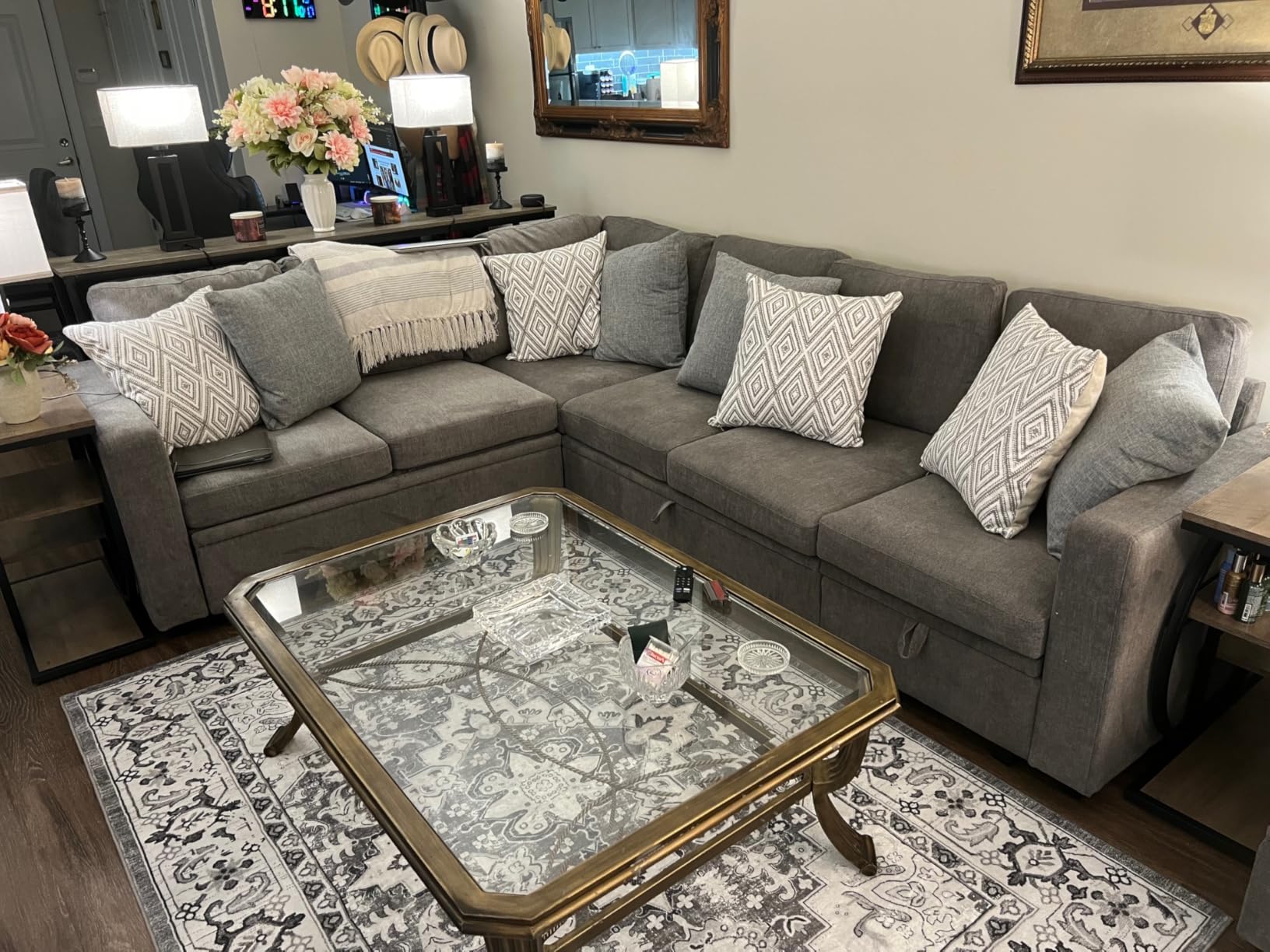 HONBAY Modular Sectional Sleeper Sofa with Pull Out Bed, Corduroy L Shaped Couch with Storage Seats, Convertible Sectional Couches for Living Room, Dark Grey customer photo 2