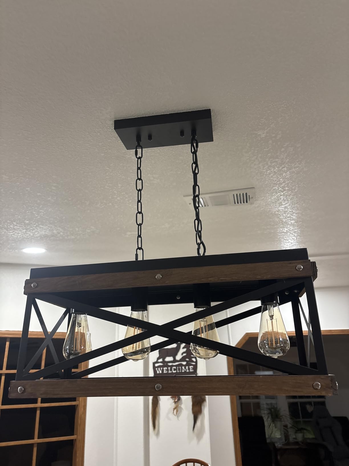 Rustic Farmhouse Wood Kitchen Island Lighting, 5 Lights Rectangular Pendant Light Fixture, Adjustable Chain Oak Wood and Metal Linear Chandelier for Dining Room Kitchen Island Farmhouse, Black customer photo 2