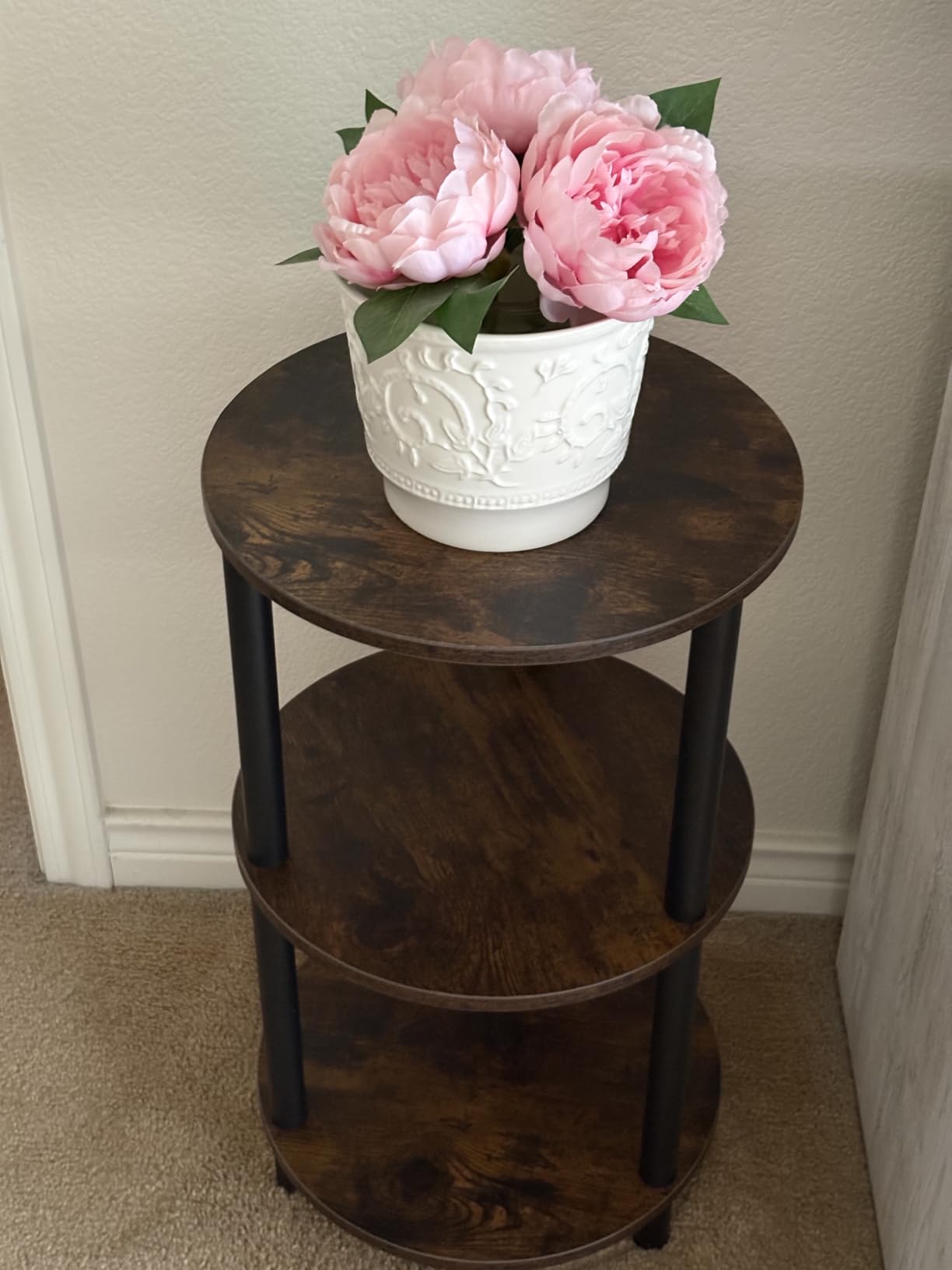 XBurmo Small Round Coffee Table - 3 Tier Design Accent Table, Narrow Side or Bedside Stand, Industrial Vintage Nightstand for Bedroom, Living Room, or Small Spaces, Rustic Brown customer photo 1