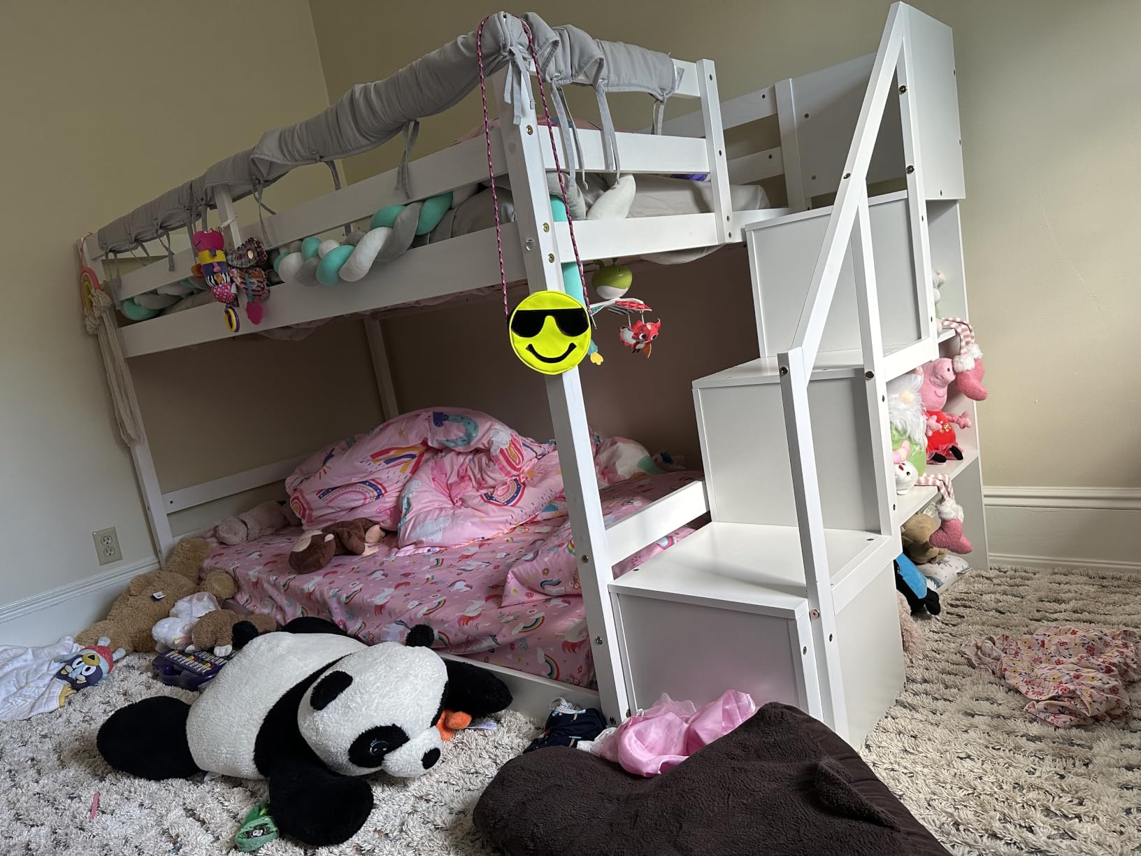 Giantex Twin Over Twin Bunk Bed with Stairs, Solid Wood Floor Bunk Bed with Storage Staircase & Full-Length Guardrails, Low Bunk Bed with for Kids, Teens, Adults, Dorm, Small Space, White customer photo 1