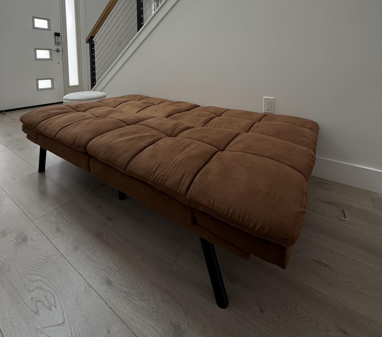 Amazon Basics Futon Sofa Bed, Convertible Memory Foam Sofa Couch with Adjustable Positions, Dark Grey Linen Fabric customer photo 1