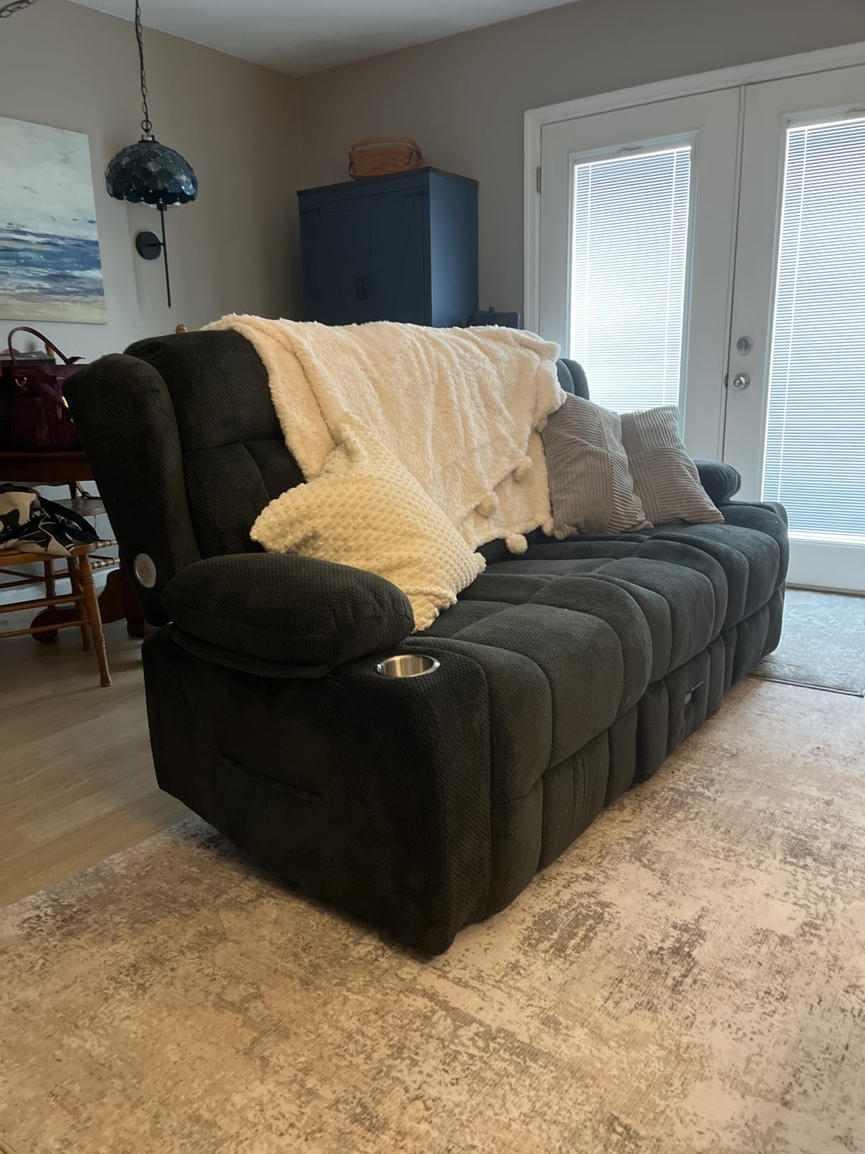 Dresegmt Loveseat Recliner Sofa, Flip Middle Backrest Design 3 Seat Reclining Sofa with Storage Drawer, USB Ports & Cup Holders, Manual Couch for Living Room/RV (Gray) customer photo 2