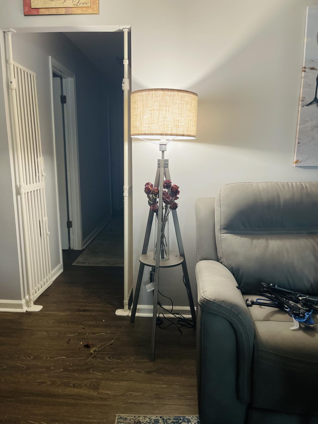 ELYONA Tripod Floor Lamp with Table, Mid Century Wood Shelf Standing Light Modern Tall Floor Lamp with Linen Shade for Living Room Bedroom Office, Dark Brown, 3 Color Temperatures LED Bulb Include customer photo 1