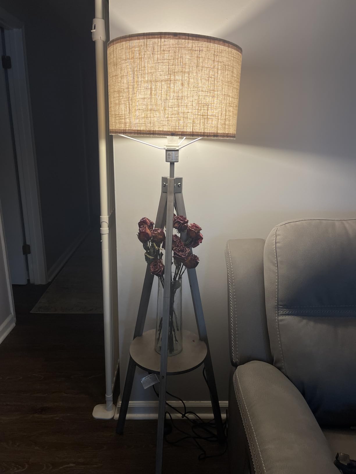 ELYONA Tripod Floor Lamp with Table, Mid Century Wood Shelf Standing Light Modern Tall Floor Lamp with Linen Shade for Living Room Bedroom Office, Dark Brown, 3 Color Temperatures LED Bulb Include customer photo 2