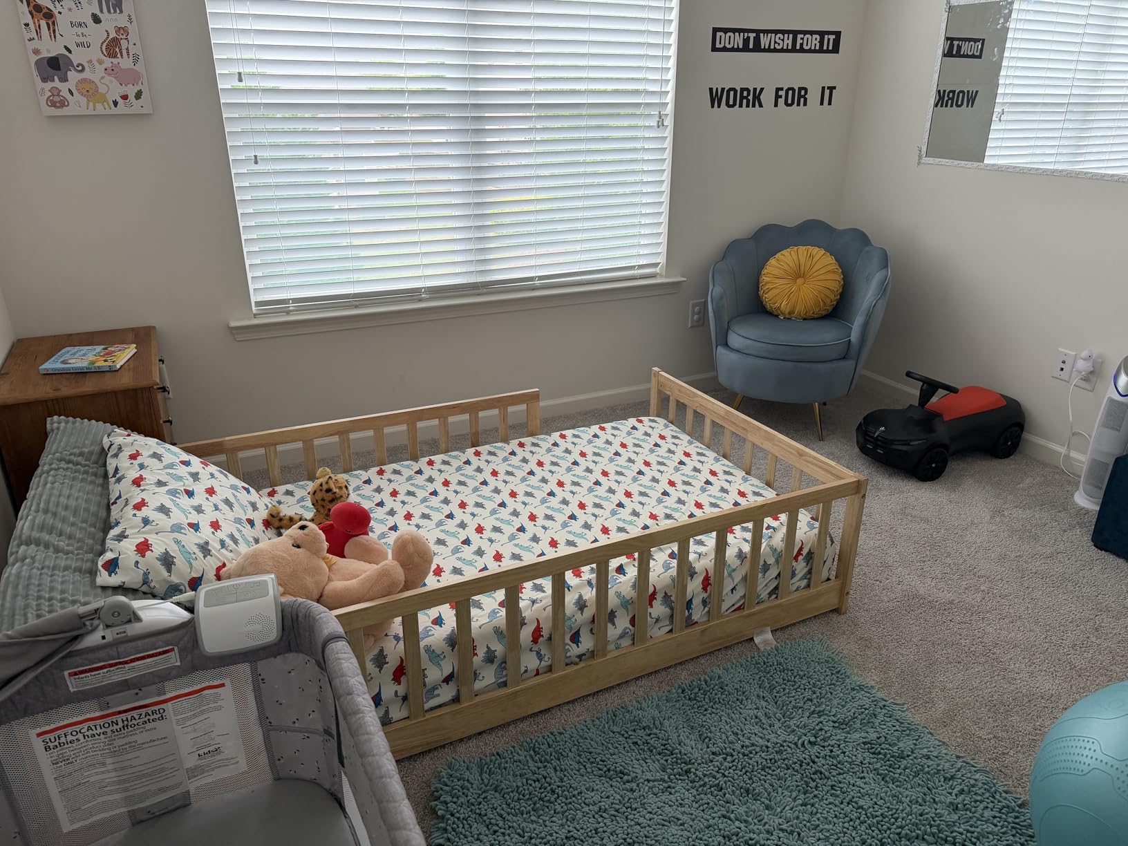 PVWIIK Twin Size Montessori Toddler Floor Bed with Wood Slats, Wood Montessori Bed Frame with Safety Guardrails, Natural customer photo 1