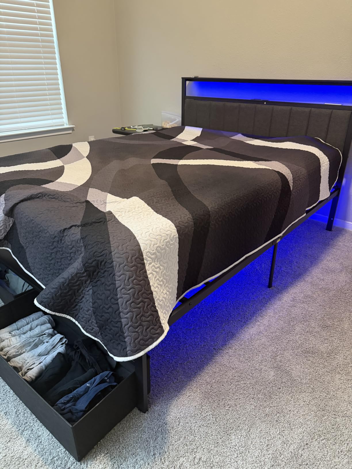 Furnulem Twin Bed Frames with Storage Drawers and Upholstered Headboard | Grey Metal Platform Bed with Charging Station, LED Lights, 2 Tier Shelves, Fabric Drawers. No Box Spring Needed, Noise Free customer photo 1
