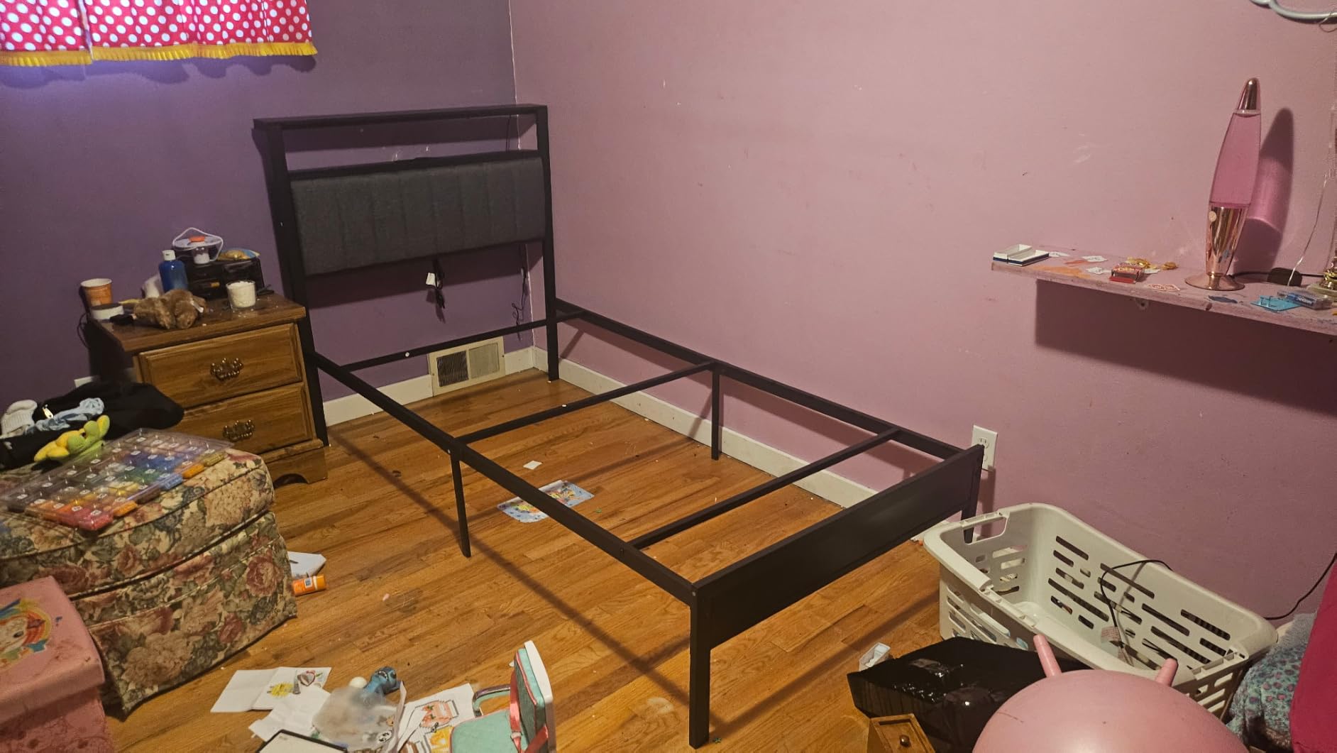 Furnulem Twin Bed Frames with Storage Drawers and Upholstered Headboard | Grey Metal Platform Bed with Charging Station, LED Lights, 2 Tier Shelves, Fabric Drawers. No Box Spring Needed, Noise Free customer photo 2