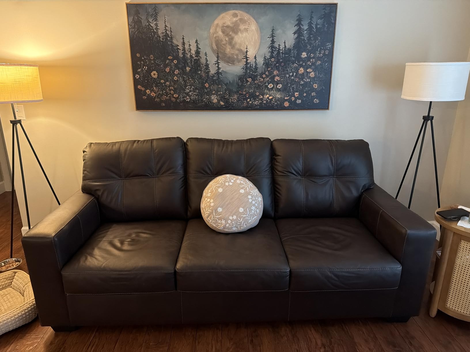 Signature Design by Ashley 85-in Dark Brown Leather and Faux Leather Sofa | 3-seater, Top-grain leather touchpoints, Tufted split back, Santorine series customer photo 1