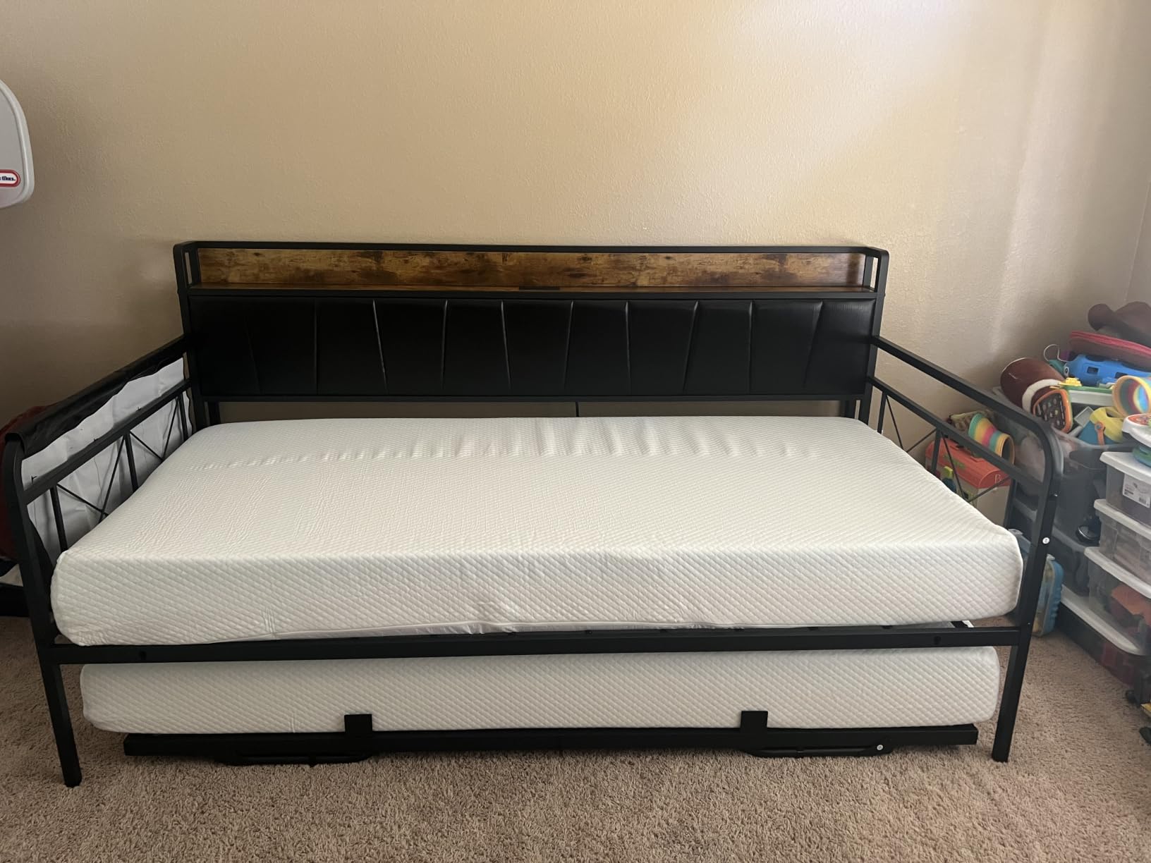 LIKIMIO Twin Daybed, Day Bed with Trundle, Storage Upholstered Headboard and Charging Station, Trundle Bed with Strong Supports for Living Room, Bedroom, and Guest Room, Grey customer photo 1