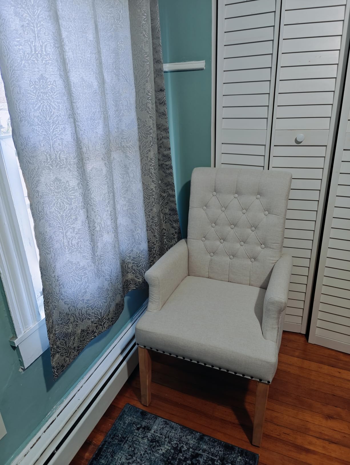 WUTUTUEE Fabric Dining Chair with Arms, Upholstered Tufted High Back Dining Room Chairs, Accent Armchair with Solid Wood Leg and Nailhead Trim, Kitchen Dining Living Room, Beige customer photo 1