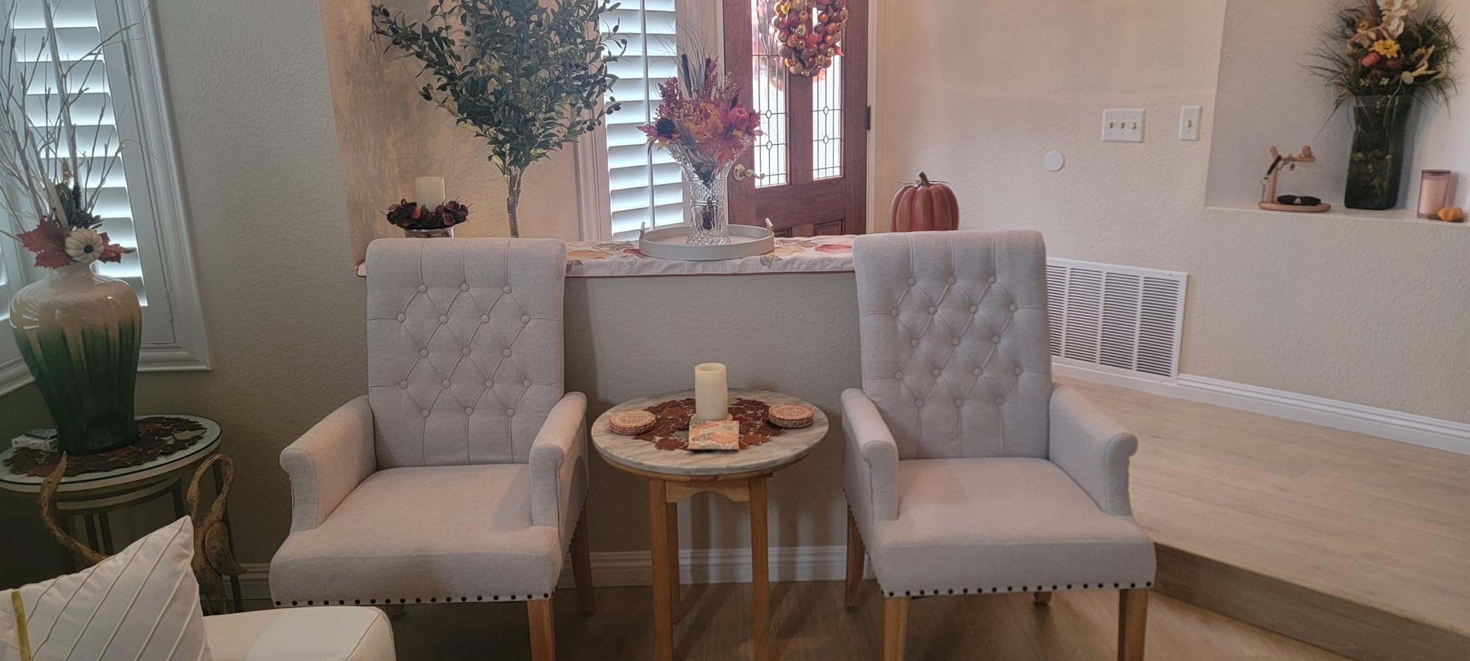 WUTUTUEE Fabric Dining Chair with Arms, Upholstered Tufted High Back Dining Room Chairs, Accent Armchair with Solid Wood Leg and Nailhead Trim, Kitchen Dining Living Room, Beige customer photo 2