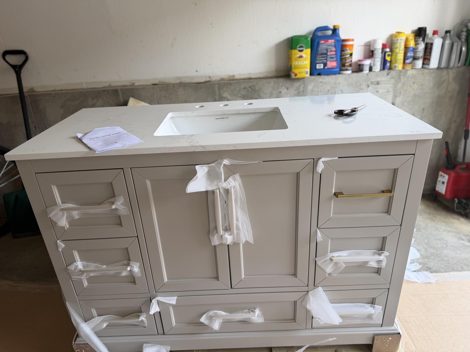 48 Inch Bathroom Vanity with Sink Combo, Solid Wood Frame with Stone Top & Backspalsh, Fully-Assembled with Soft-Closing Doors & 7 Drawers, Greige customer photo 1