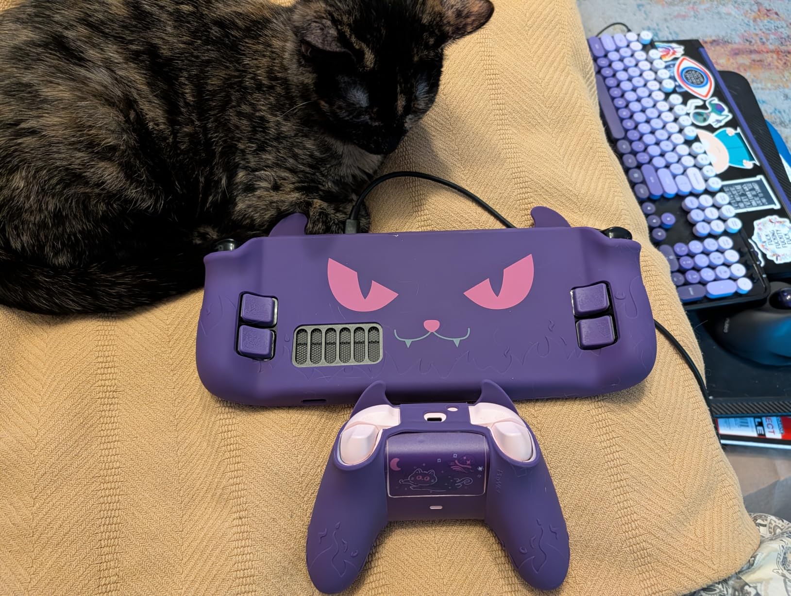 PlayVital Cute Demon Protective Case for Steam Deck LCD & OLED, Kawaii Anti-Slip Protector for Steam Deck OLED with Thumb Grip Caps & Trackpads Stickers & Back Button Enhancement Set - Purple customer photo 1