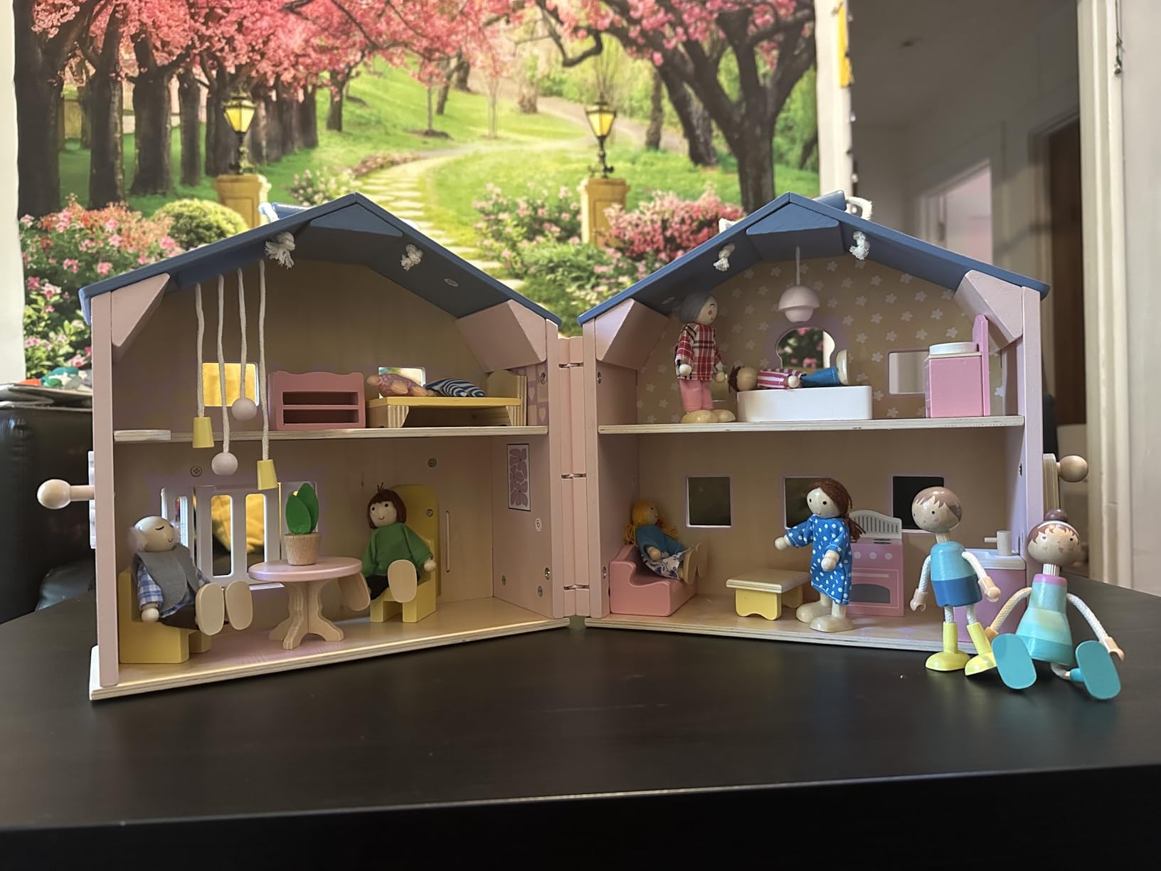 Exquisite Pink Wooden Dollhouse for Girls with Dolls and Furniture | 2 Dolls and 12pcs Wooden Furniture, Foldable and Portable Pretend Play House with Handle, Christmas Birthday Gift for Girl3+ customer photo 1