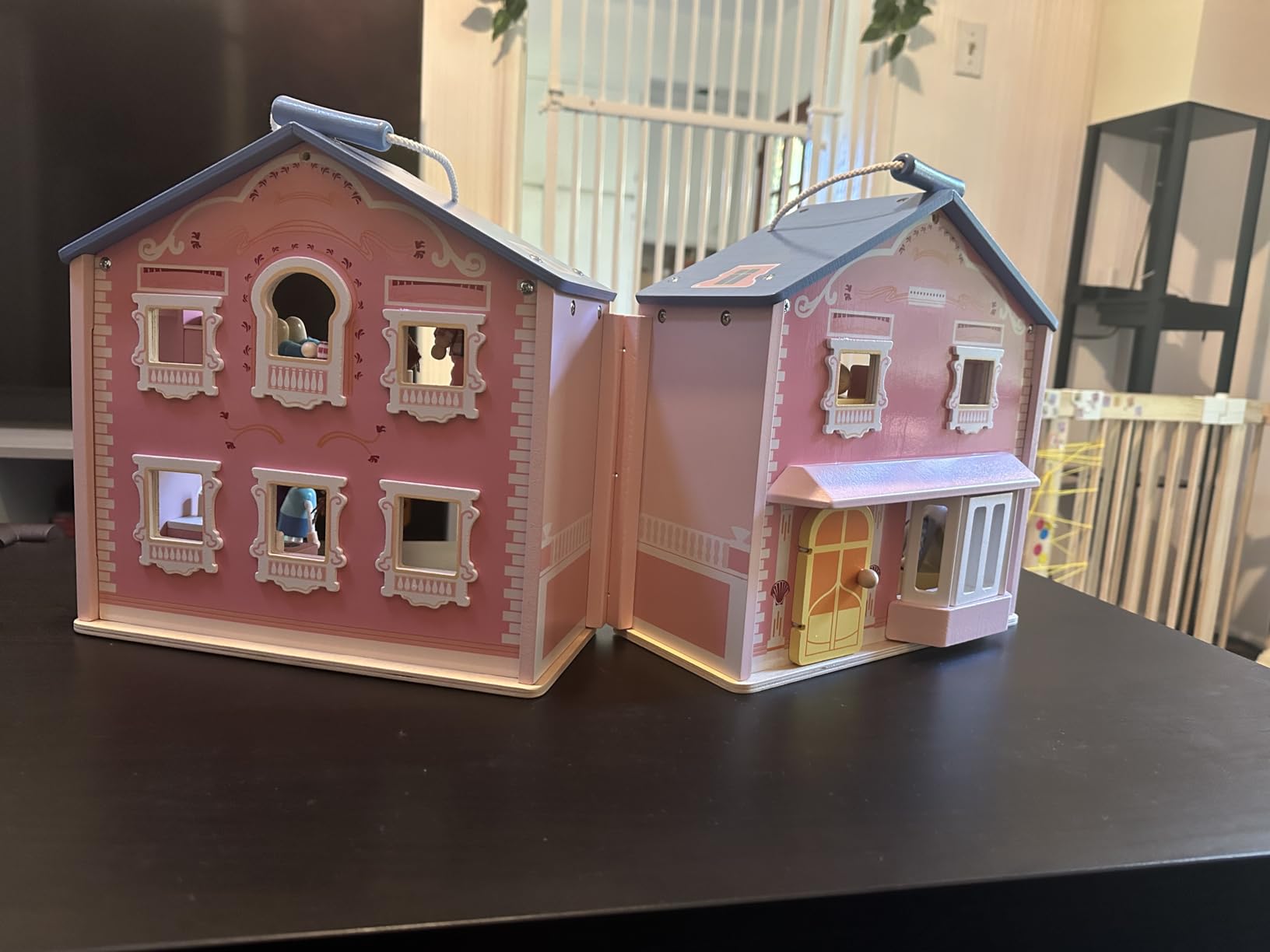 Exquisite Pink Wooden Dollhouse for Girls with Dolls and Furniture | 2 Dolls and 12pcs Wooden Furniture, Foldable and Portable Pretend Play House with Handle, Christmas Birthday Gift for Girl3+ customer photo 2