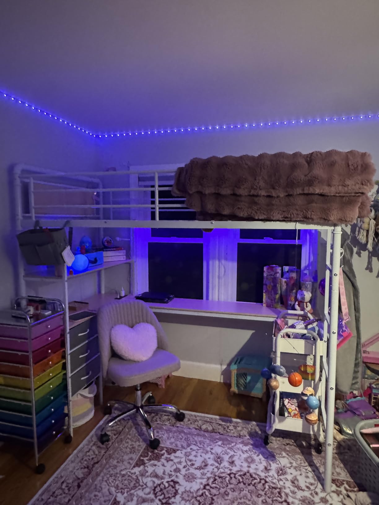 Twin Size Loft Bed with L-Shaped Desk, LED Lights, Charging Station, Industrial Heavy Duty Metal Loft Bed Frame with 3 Storage Shelves and 3 Fabric Drawers, Safety Guard & Ladder, Vintage Brown customer photo 1