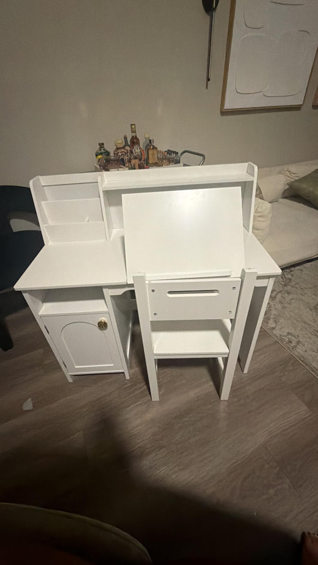 Treocho Kids Study Desk and Chair Set, Kids Desk with Hutch and Tiltable Desktop for 3-8 Years Old, Wooden Children Study Table with Storage Cabinet, Student Writing Desks Bedroom, Home School, White customer photo 2