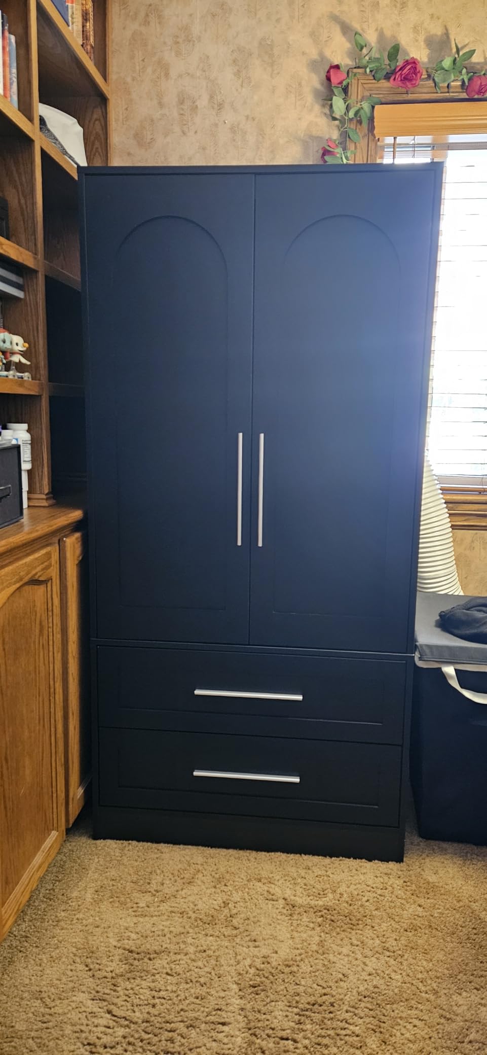 iPormis Armoire Wardrobe Closet with 2 Drawers, Modern Wooden Bedroom Armoire with Doors, Clothing Storage Cabinet with Aluminum Hanging Rod, Wardrobe Storage with Strong Door Closure, White customer photo 2