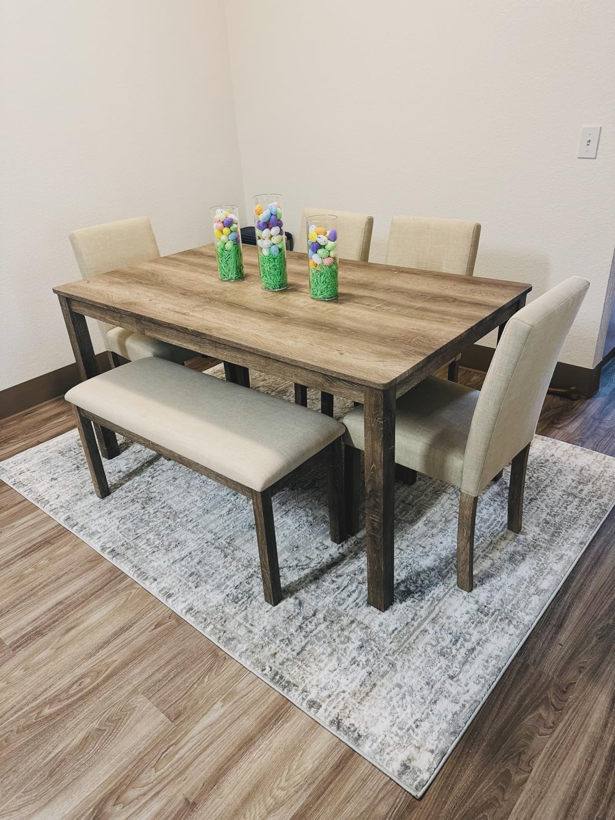 Zevemomo 6-Piece Solid Wood Dining Table Set, Wooden Legs, White | Including 1 Dining Table, 4 Upholstered Chairs and 1 Bench, Wooden Legs Dining Table Set for Dining Room, Kitchen, Restaurant customer photo 1