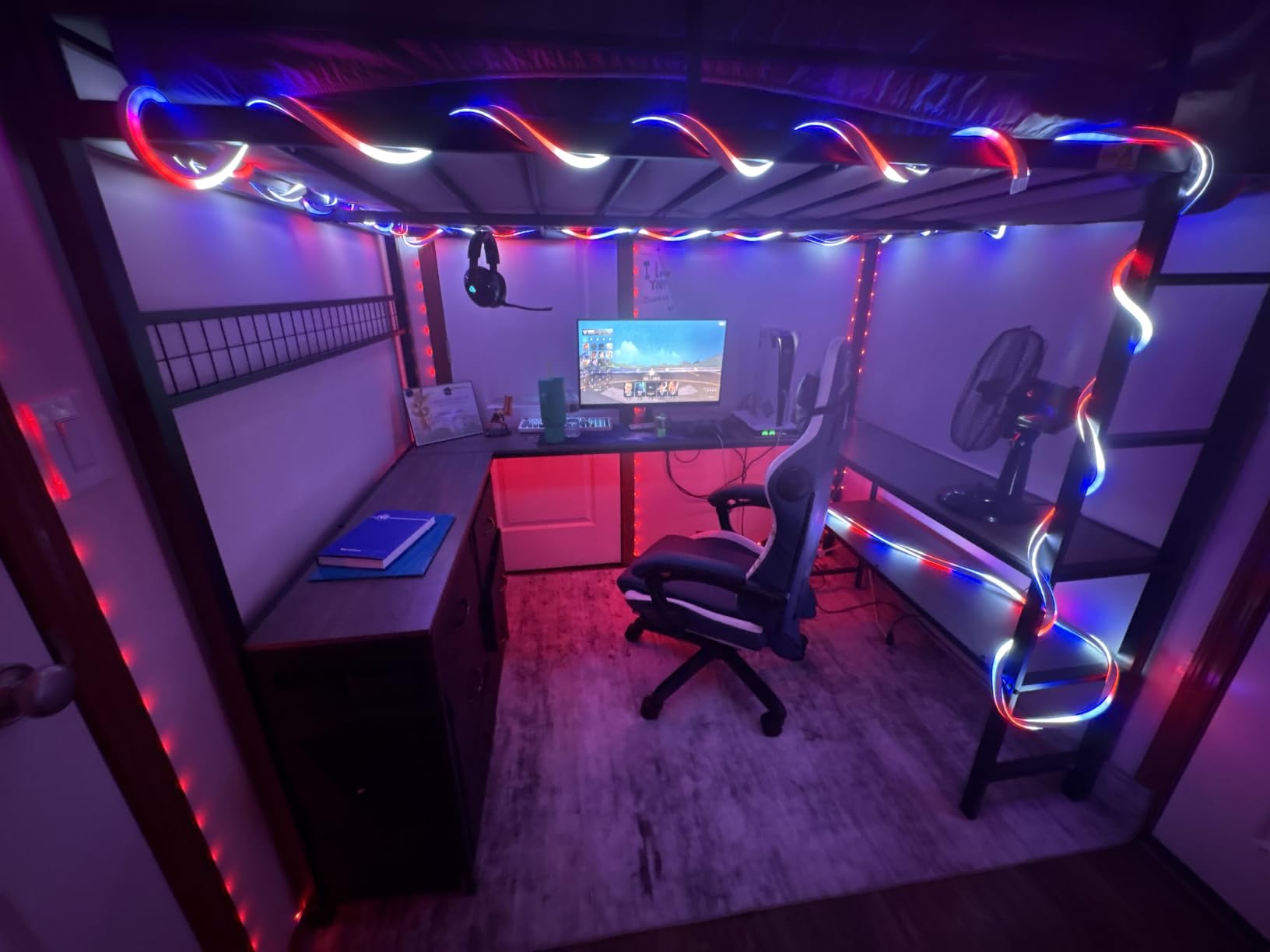 ADORNEVE Loft Bed Full Size with U-Shaped Desk, 6 Storage Drawers, Power Outlet, LED Metal Loft Bed with 2 Storage Shelves, Bed with Safety Guardrail & Ladders, Space-Saving, White customer photo 2