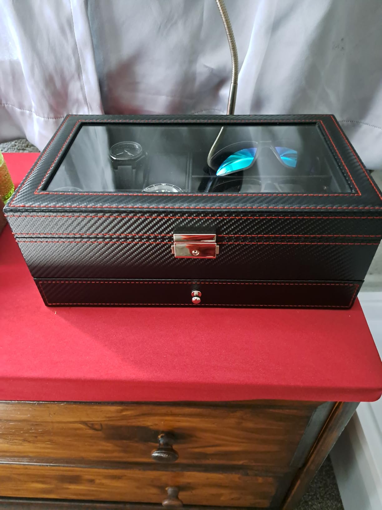 Kukikan Watch Jewelry Box Organizer, 6-Slot 2-Layer Watch Case and Sunglasses Storage with Large Glass Lid customer photo 1
