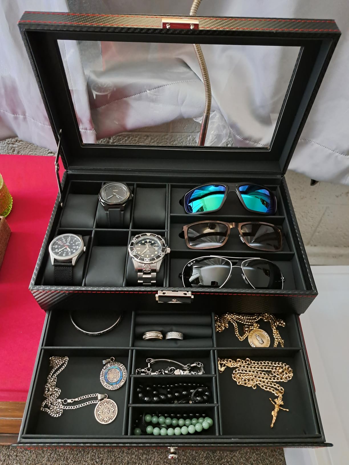 Kukikan Watch Jewelry Box Organizer, 6-Slot 2-Layer Watch Case and Sunglasses Storage with Large Glass Lid customer photo 2