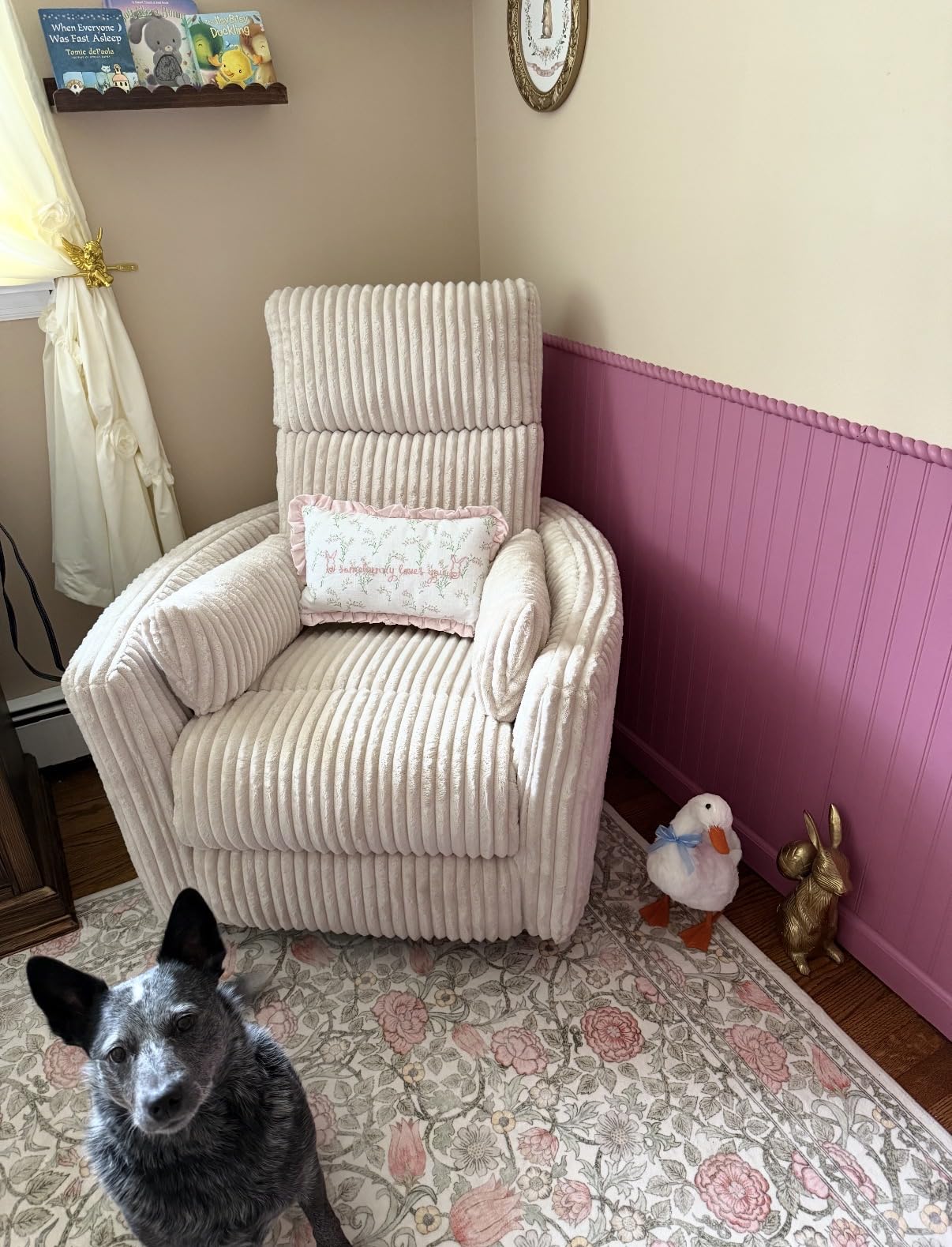 LINSY 360 Swivel Recliner Chair, Nursery Glider Rocking Chair with 2 Pillows, Corduroy Nursing Chair Comfy High Back Adult Rocker Recliner for Small Spaces, Nursery Bedroom Living Room (Beige) customer photo 2