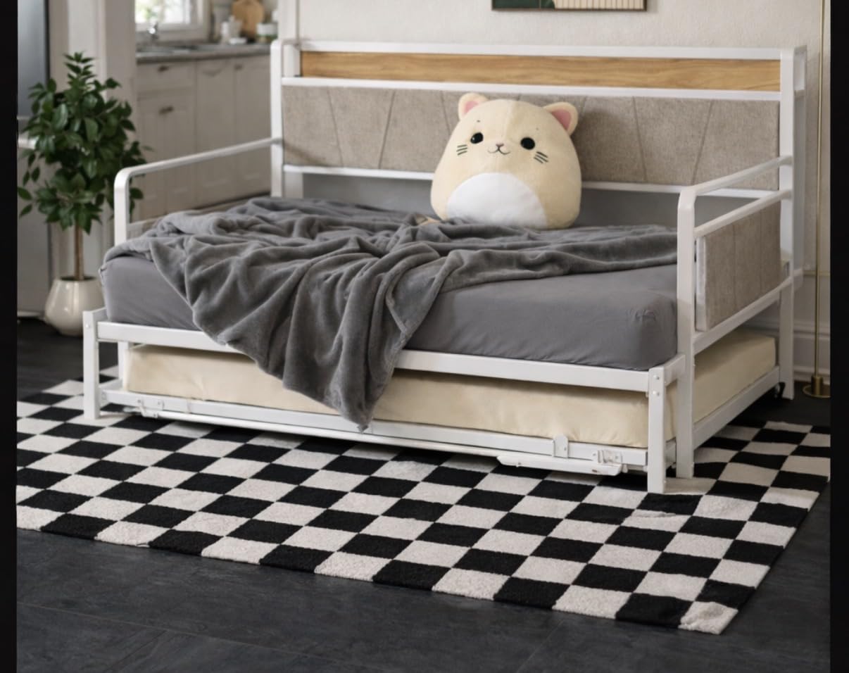 Twin Daybed with Trundle, Modern Twin Size Sofa Day Bed, Sturdy Metal Bed Frame with Upholstered Headboard for Living Room, Bedroom, Studio Apartment (White) customer photo 1