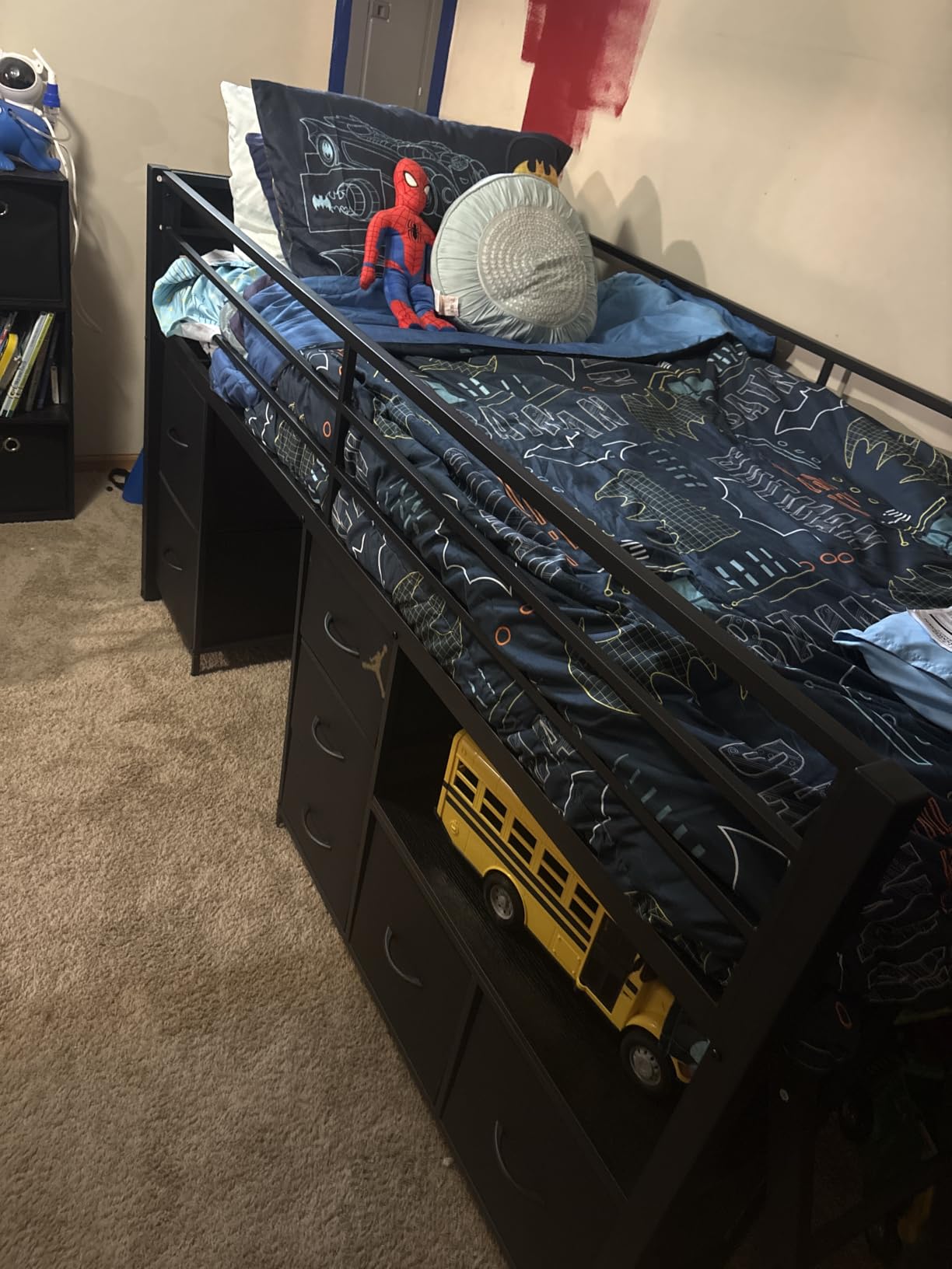 ADORNEVE Low Loft Bed Twin Size with 7 Storage Drawers, Bookcase and LED Lights, Metal Kids Loft Bed with 14