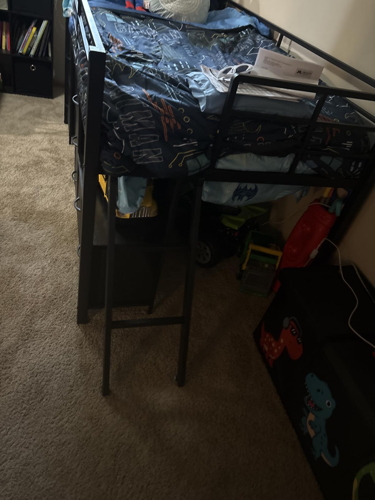 ADORNEVE Low Loft Bed Twin Size with 7 Storage Drawers, Bookcase and LED Lights, Metal Kids Loft Bed with 14