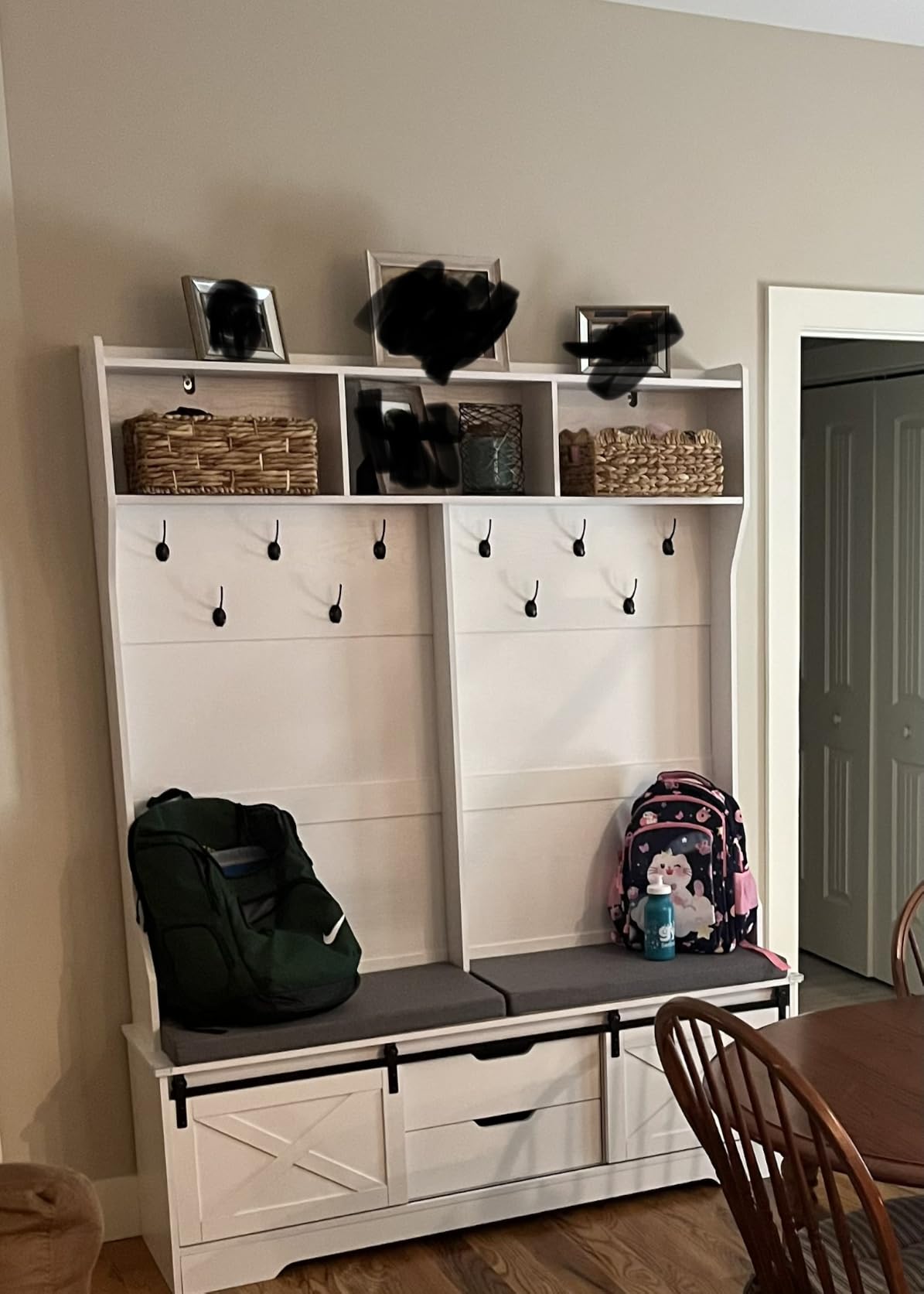 Hall Tree with Bench and Shoe Storage, Entryway Coat Rack with Tall Mirror, Farm House Barn Door 4-in-1 Hall Tree with Storage Cushioned Stool and Hooks for Hallway, Living Room, (60IN, With Mirror) customer photo 1