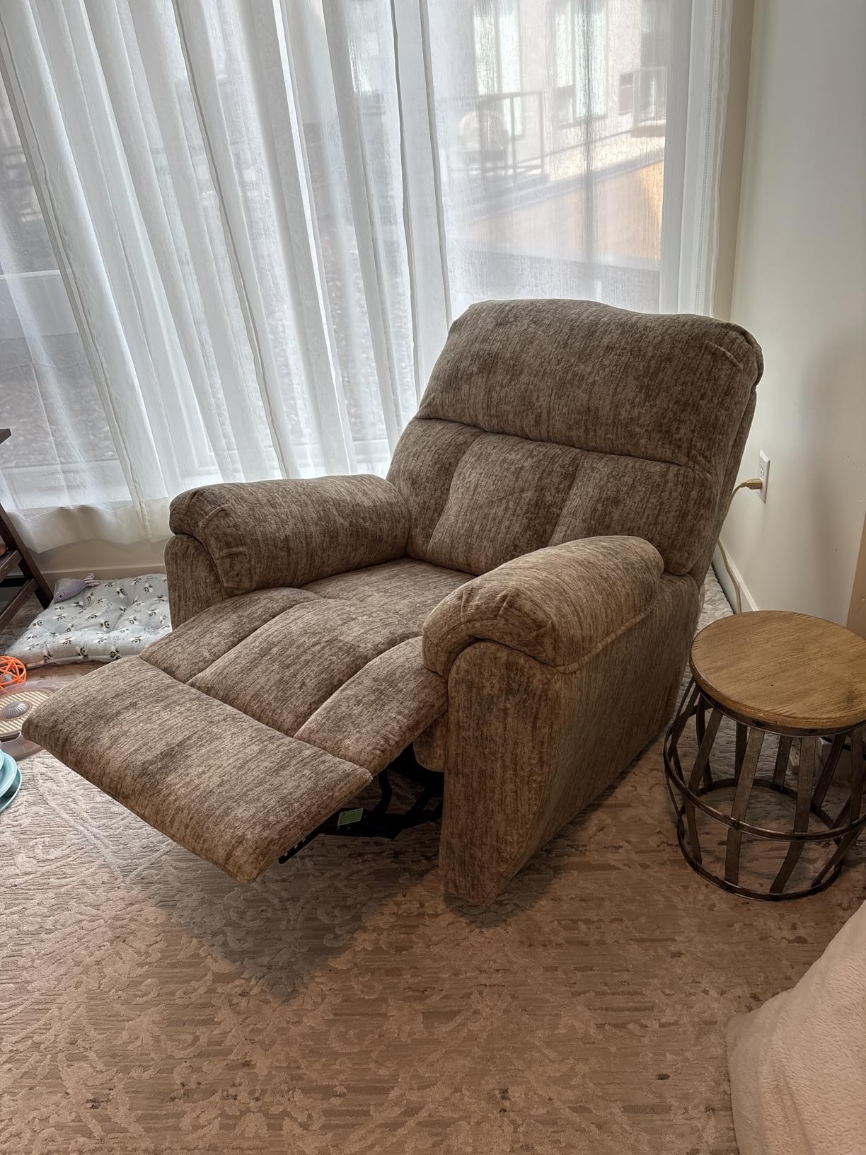 Signature Design by Ashley RiverCam Manual Rocker Recliner Chair, Taupe | Plush velvet chenille fabric, Supportive 41-in high back with pillow-top arms, Requires 13-in distance from wall customer photo 1