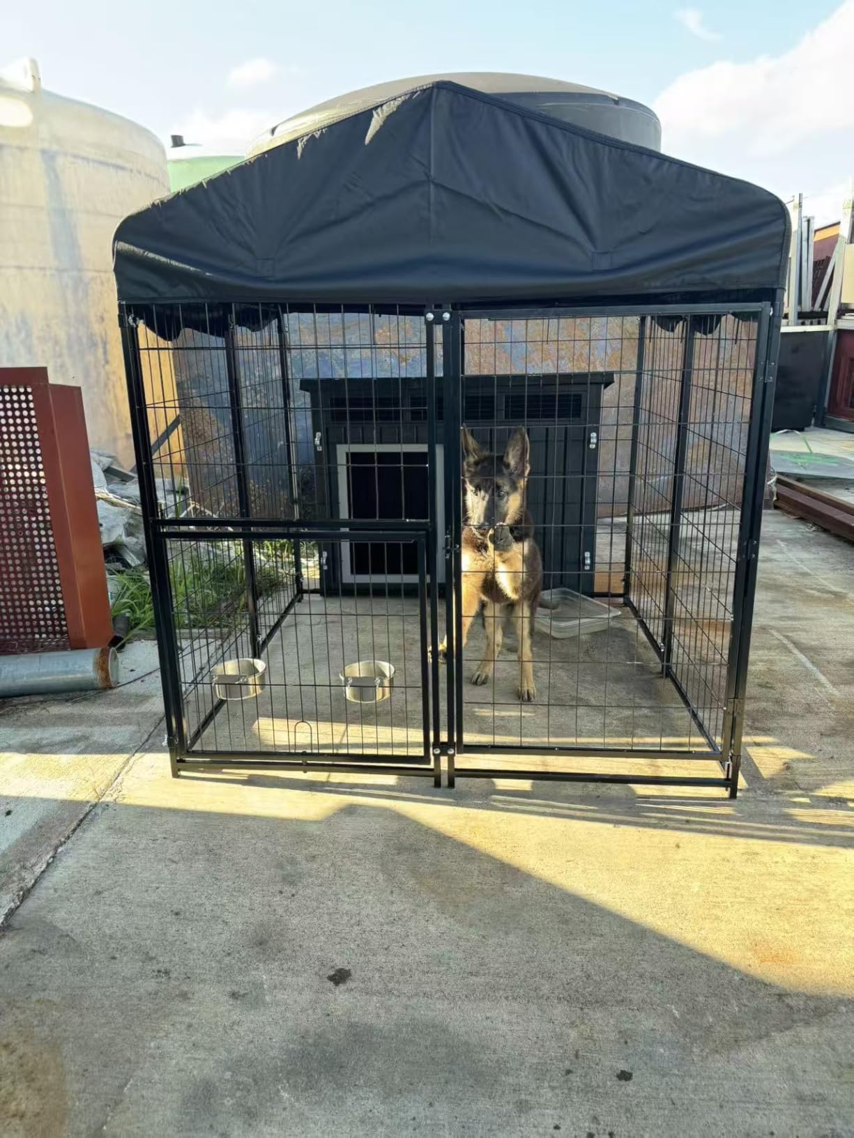 4x4x4.5ft Outdoor Dog Kennel, Metal Heavy Duty Dog Run with Rotating Door & 2 Adjustable Bowls, Dog Kennel Outside with Waterproof Cover, Pet Enclosure Indoor for Small/Medium/Large Dogs customer photo 2
