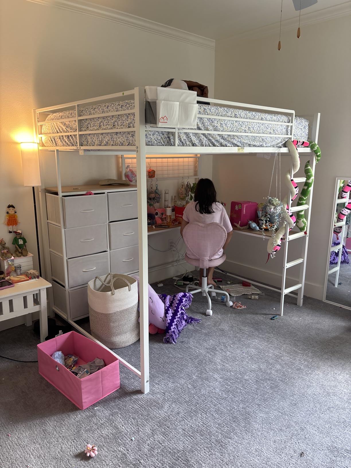 DICTAC Twin Size Loft Bed with L-Shaped Desk and 7 Storage Drawers, Metal Twin Loft Bed for Kids with LED Lights and Charging Station, 13.11