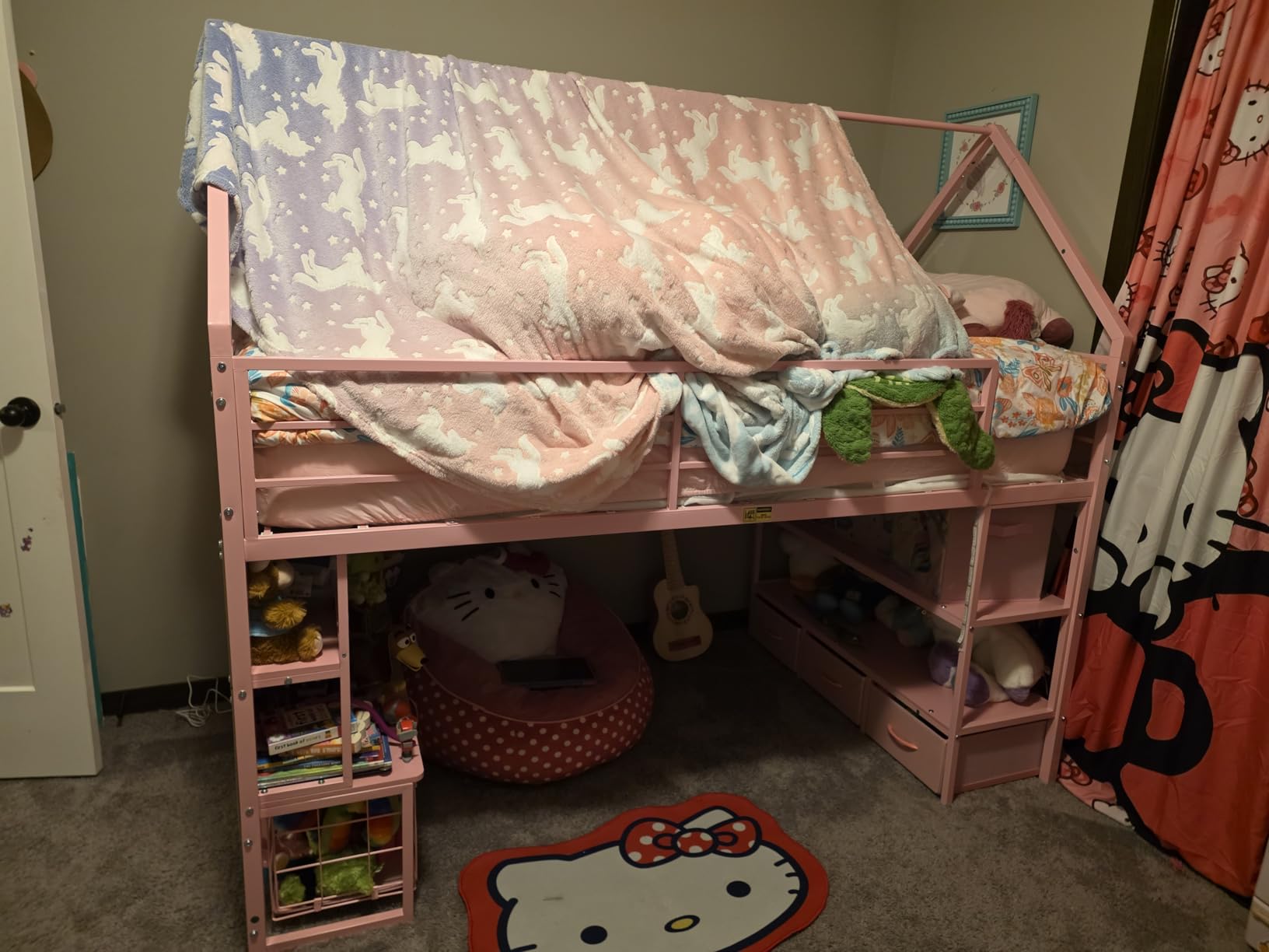 ADORNEVE House Shape Low Loft Bed with Storage Bookcase & Drawers for Kids | LED Lights, 2 Slide-Out Drawers, 3 Fabric Drawers, Storage Bookcase, Storage Shelves, 13.4