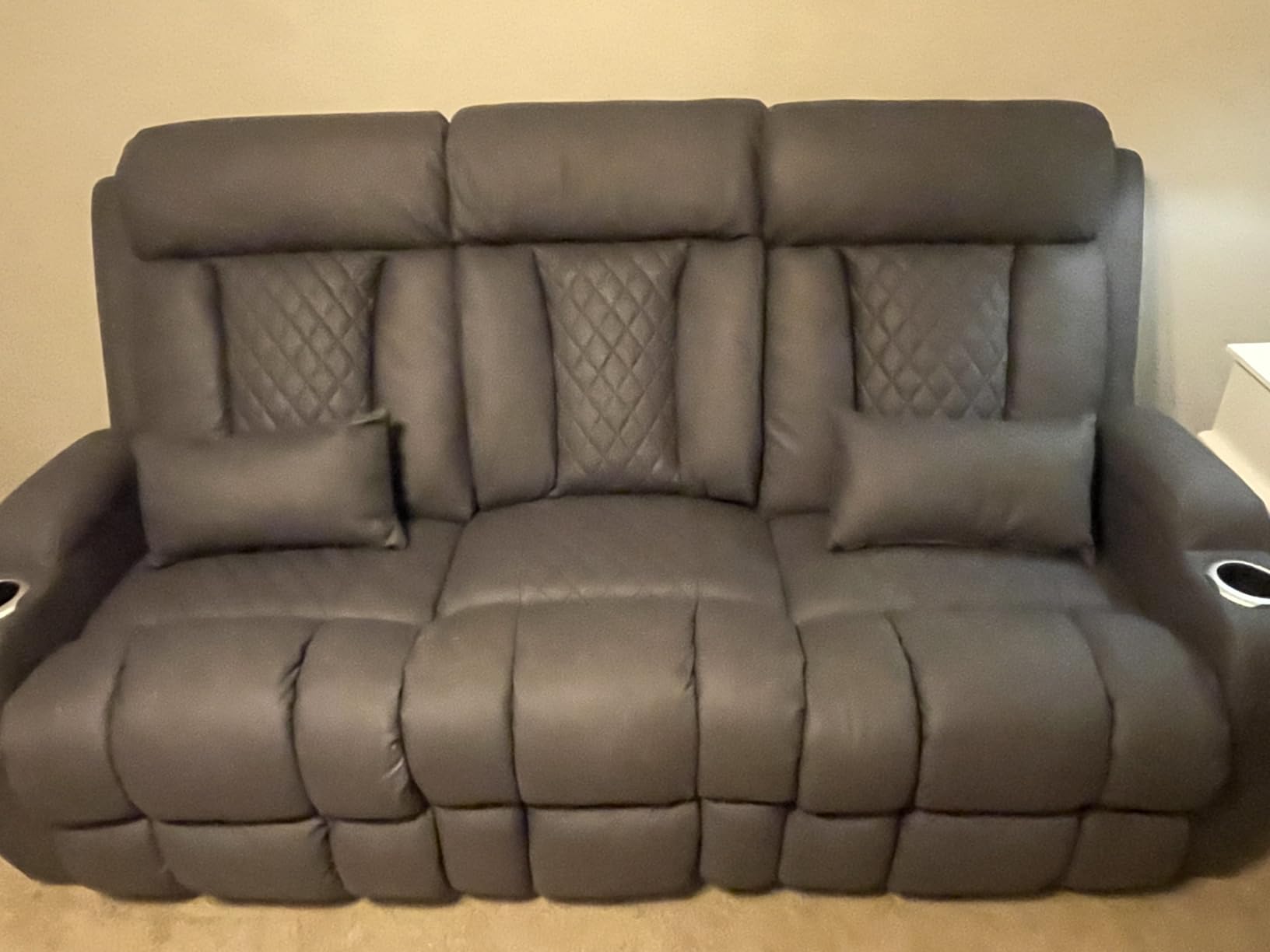 Zero Wall Hugger Power Reclining Sofa with Adjustable Headrest, Electric Reclining Couch with Drop-Down Table, Outlets, Power Loveseat Recliner Sofa for Living Room (Gray, 3 Seat) customer photo 2