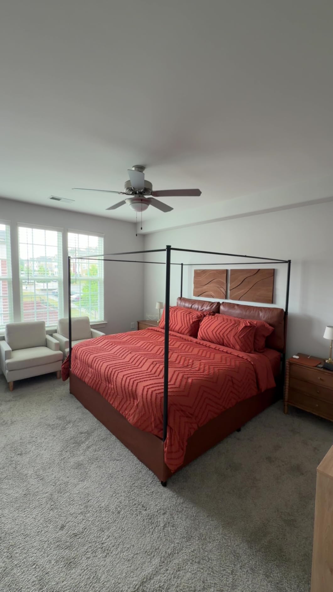 King Canopy Bed Frame with Tall Upholstered Faux Leather Headboard | Modern Four Poster Metal Platform Bed with Side Storage Pockets, No Box Spring Needed, Sturdy Frame, Easy Assembly, Brown customer photo 2