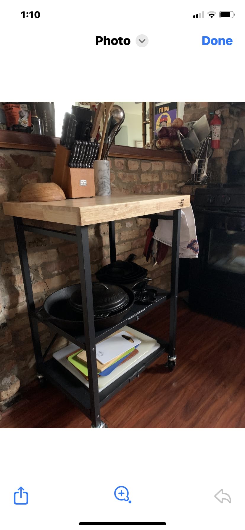 Mythinglogic Foldable Kitchen Storage Cart, 3-Tier Rolling Cart with Solid Oak Top, Heavy-Duty Metal Utility Rack for Microwave, Pots, Dish Set, Meal Prep Area, Kitchen Island on Lockable Wheels customer photo 1