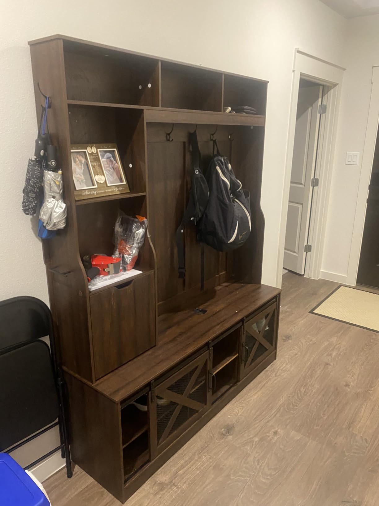 75''H 59''W Large LED Farmhouse Hall Tree with Bench and Shoe Storage, Entryway Bench with Coat Rack, 16 Shoe Cubbies & Umbrella Holder and Sock Storage Drawer, Mudroom/Hallway Storages Cabinet (Brown) customer photo 1