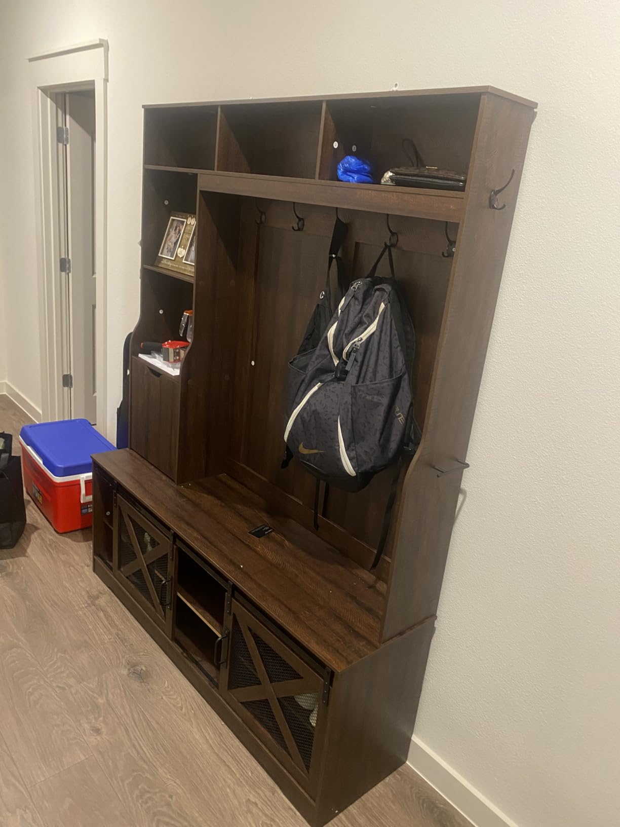 75''H 59''W Large LED Farmhouse Hall Tree with Bench and Shoe Storage, Entryway Bench with Coat Rack, 16 Shoe Cubbies & Umbrella Holder and Sock Storage Drawer, Mudroom/Hallway Storages Cabinet (Brown) customer photo 2