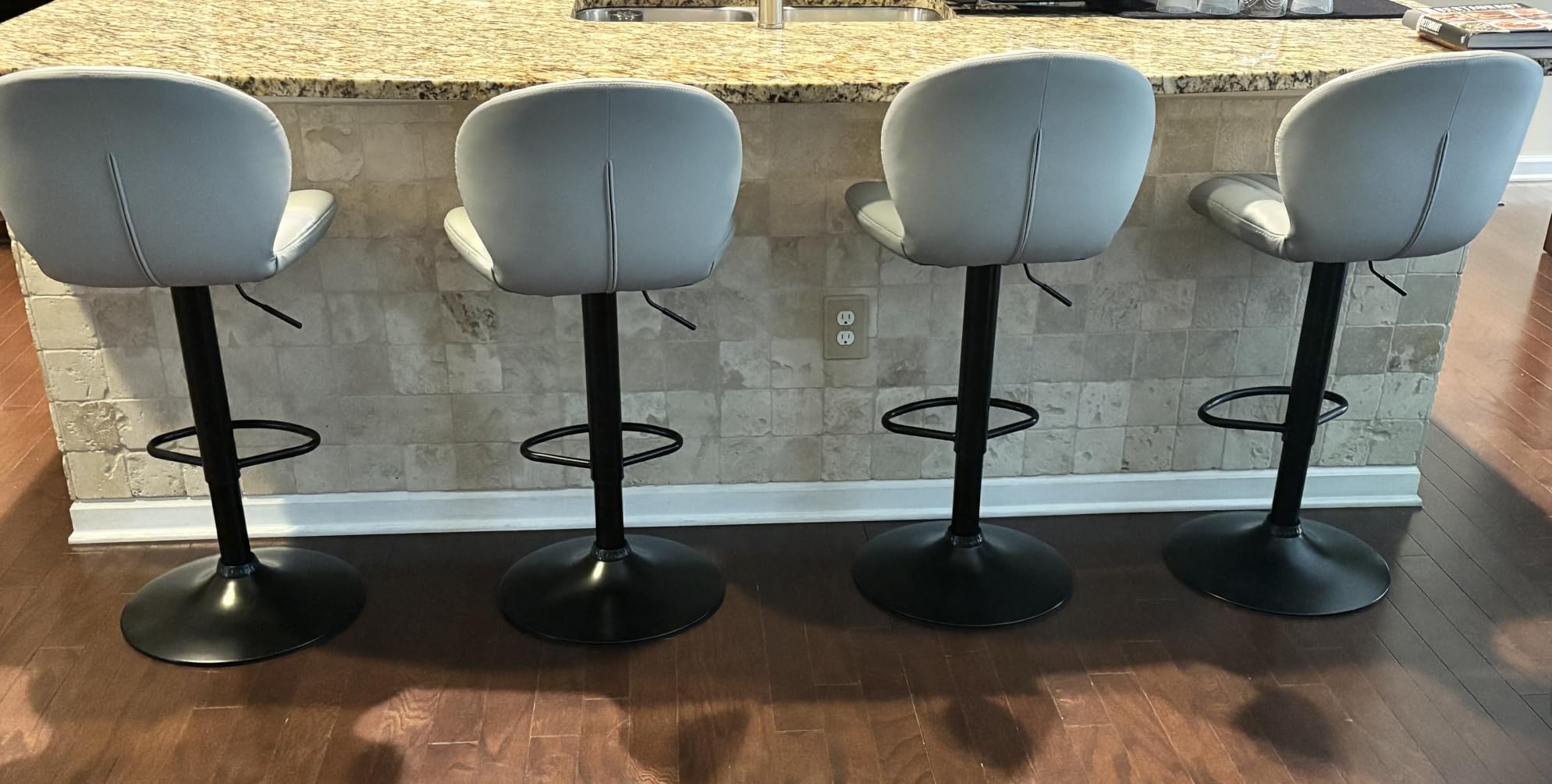 COLAMY Bar Stools Set of 3, Adjustable Modern Swivel Bar Chairs, Faux Leather Upholstered Barstools Counter Height with High Backrest for Bar, Kitchen Island, Dining Room, Black customer photo 1