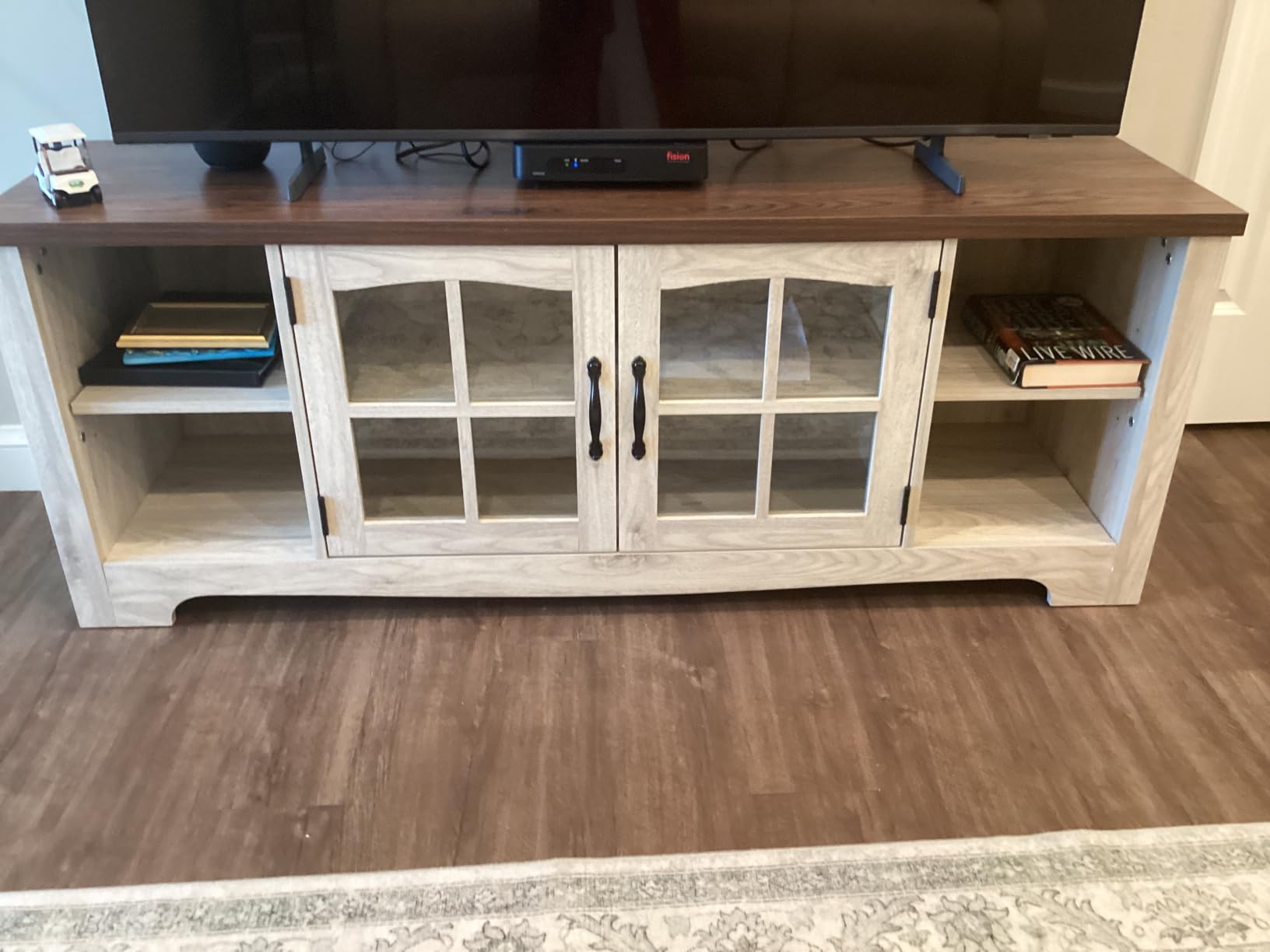 LINSY HOME TV Stand for 75 Inch TV, Modern Farmhouse Entertainment Center with Storage Cabinets and Glass Doors, Tall Media Console Table for Living Room, Bedroom, Large Long Television Stand, Brown customer photo 2