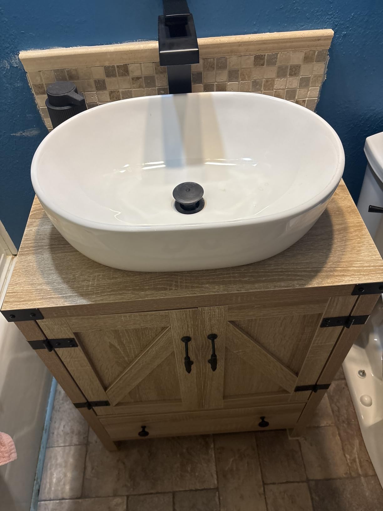 60 inch Natural Color Bathroom Vanity, Rustic Fixture Standing Pedestal Cabinet with Two White Ceramic Vessel Sinks customer photo 1