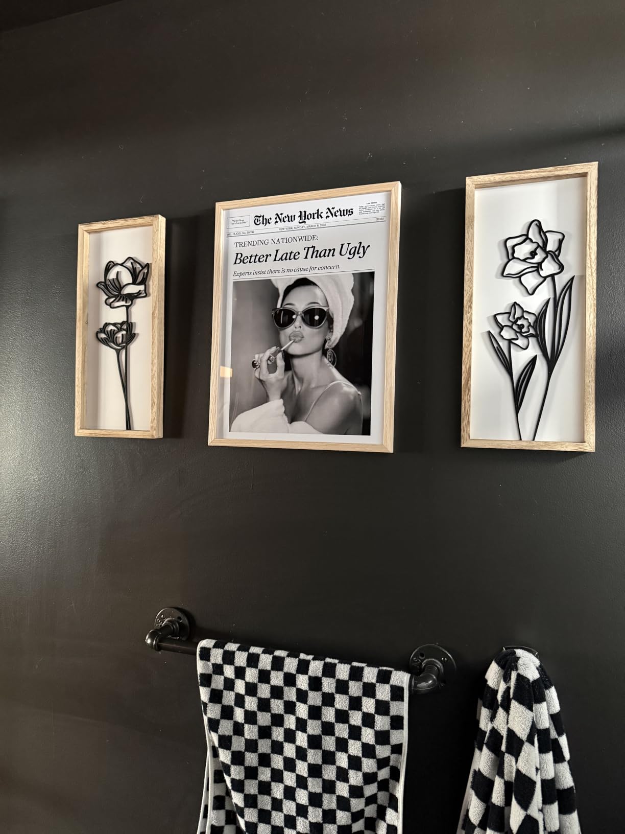 iHery 12x16in Audrey Hepburn Better Late Than Ugly Framed Bathroom Art, Premium Black Natural OAK Wood Frame with Canvas Print, Vintage Fashion Wall Decor customer photo 2